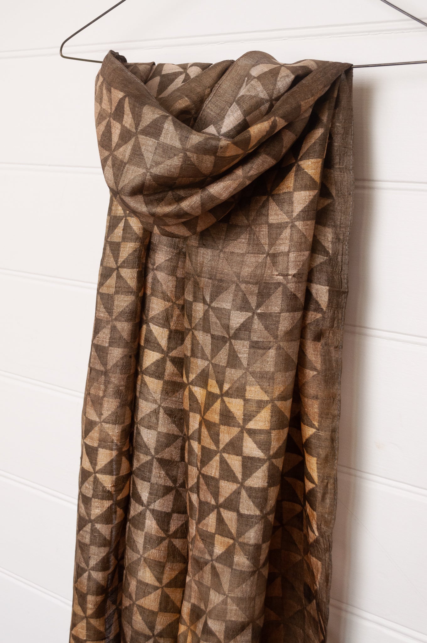 Karomi blockprint olive green pinwheel pattern pure handwoven silk scarf.