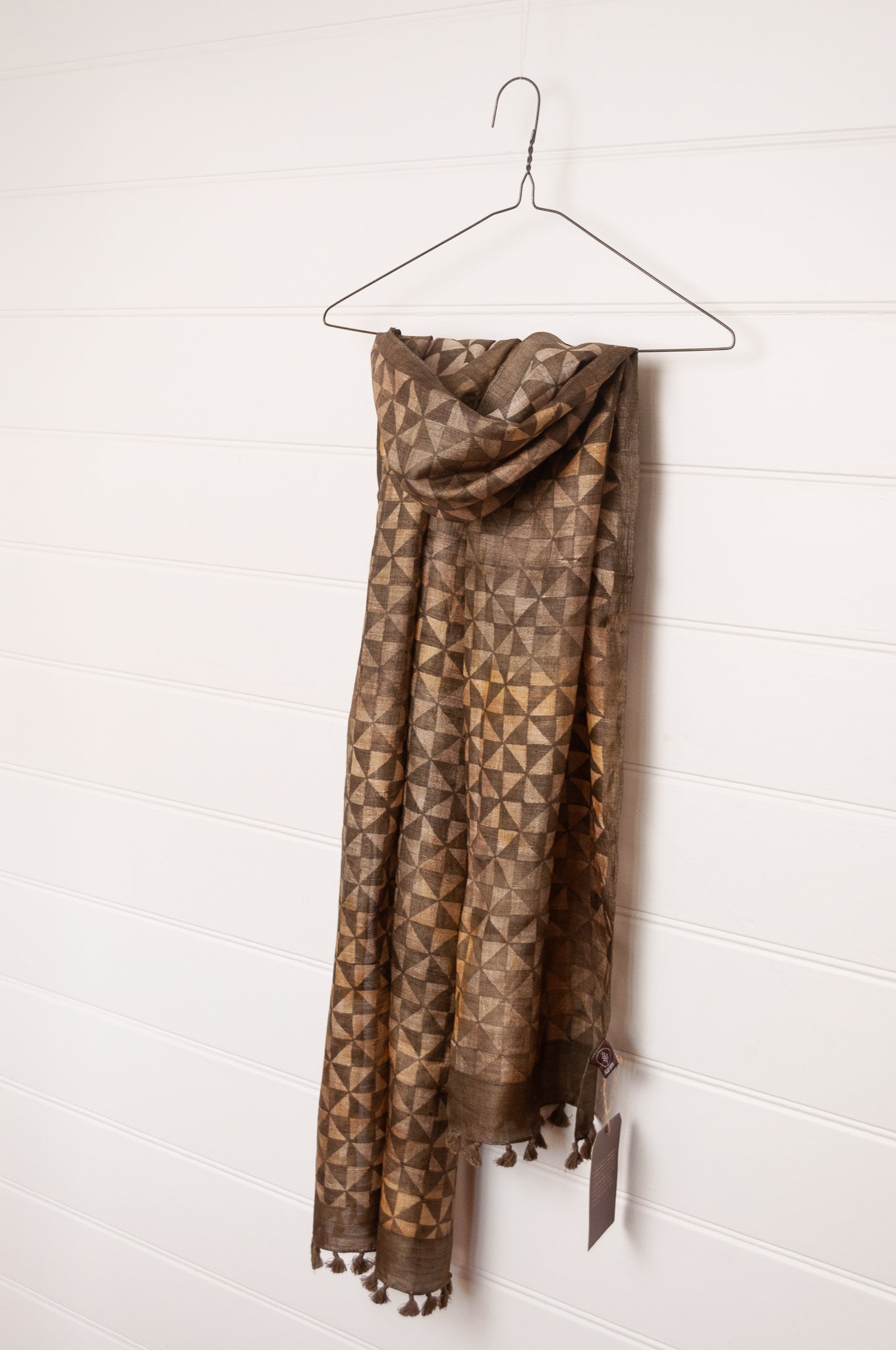 Karomi blockprint olive green pinwheel pattern pure handwoven silk scarf.