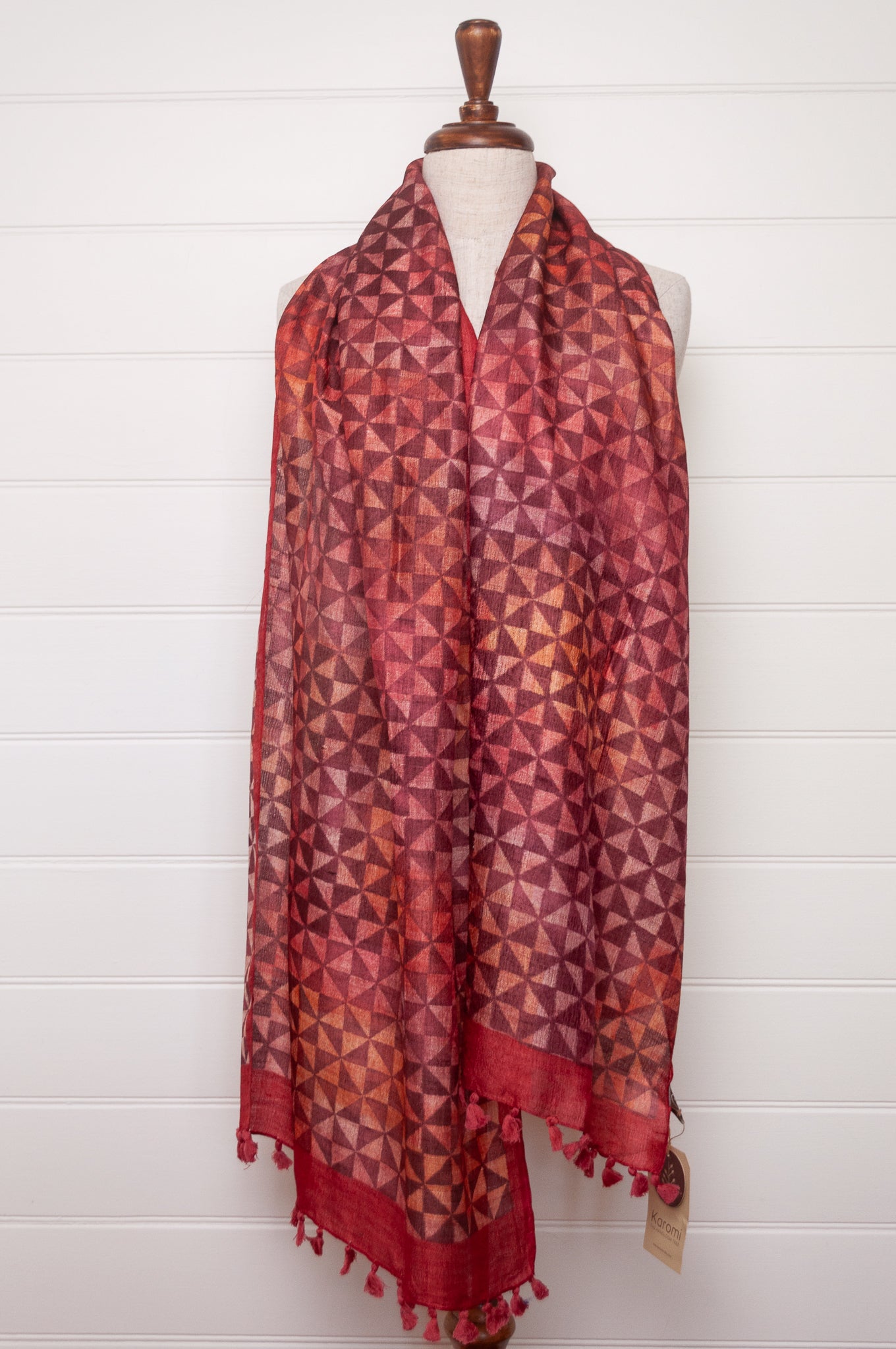 Karomi blockprint pomegranate red pinwheel pattern pure handwoven silk scarf.