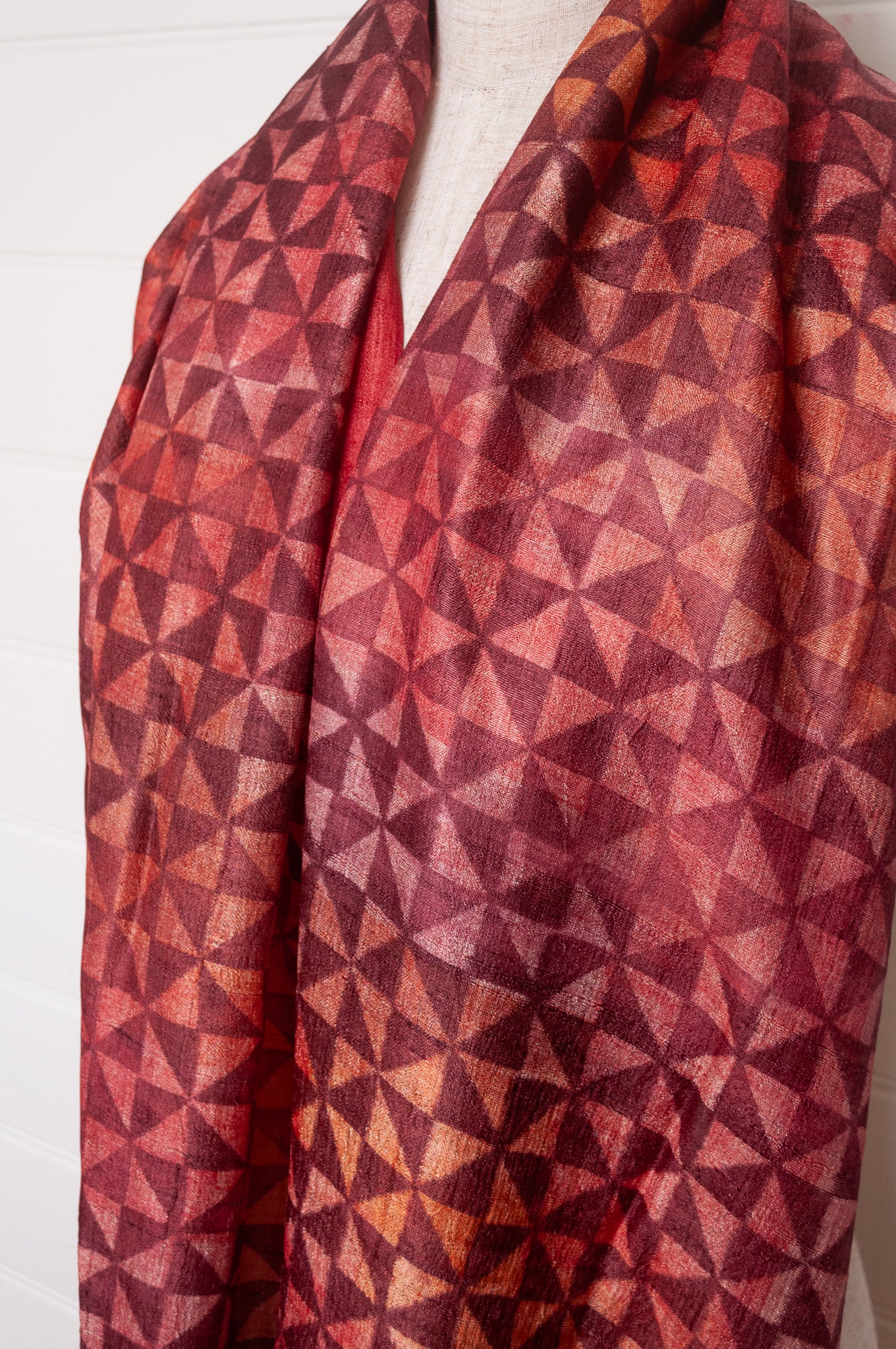 Karomi blockprint pomegranate red pinwheel pattern pure handwoven silk scarf.