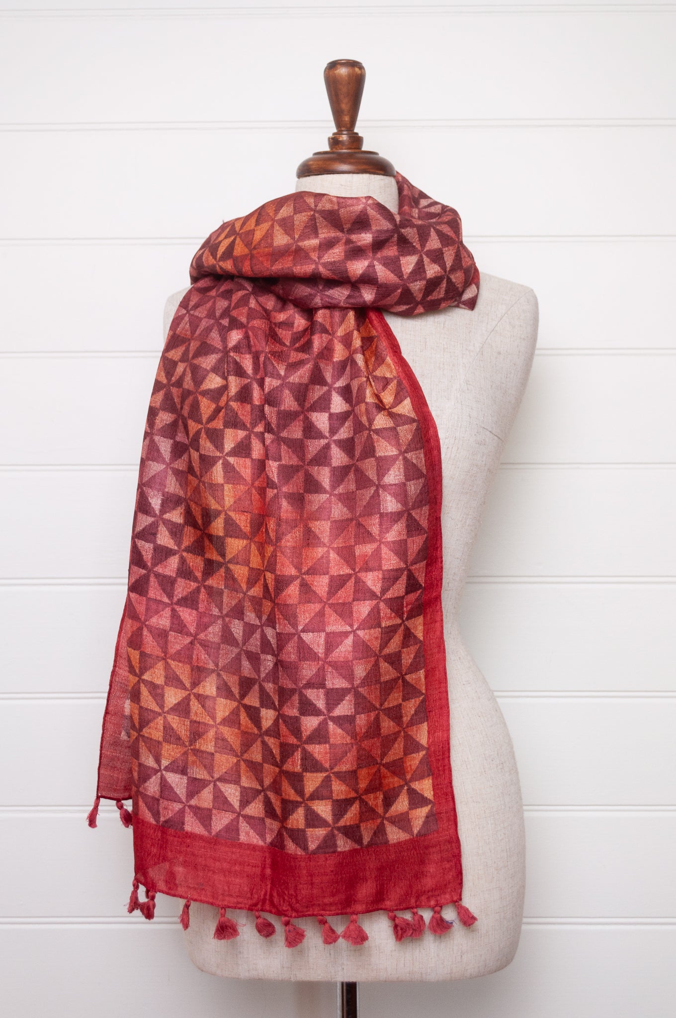 Karomi blockprint pomegranate red pinwheel pattern pure handwoven silk scarf.