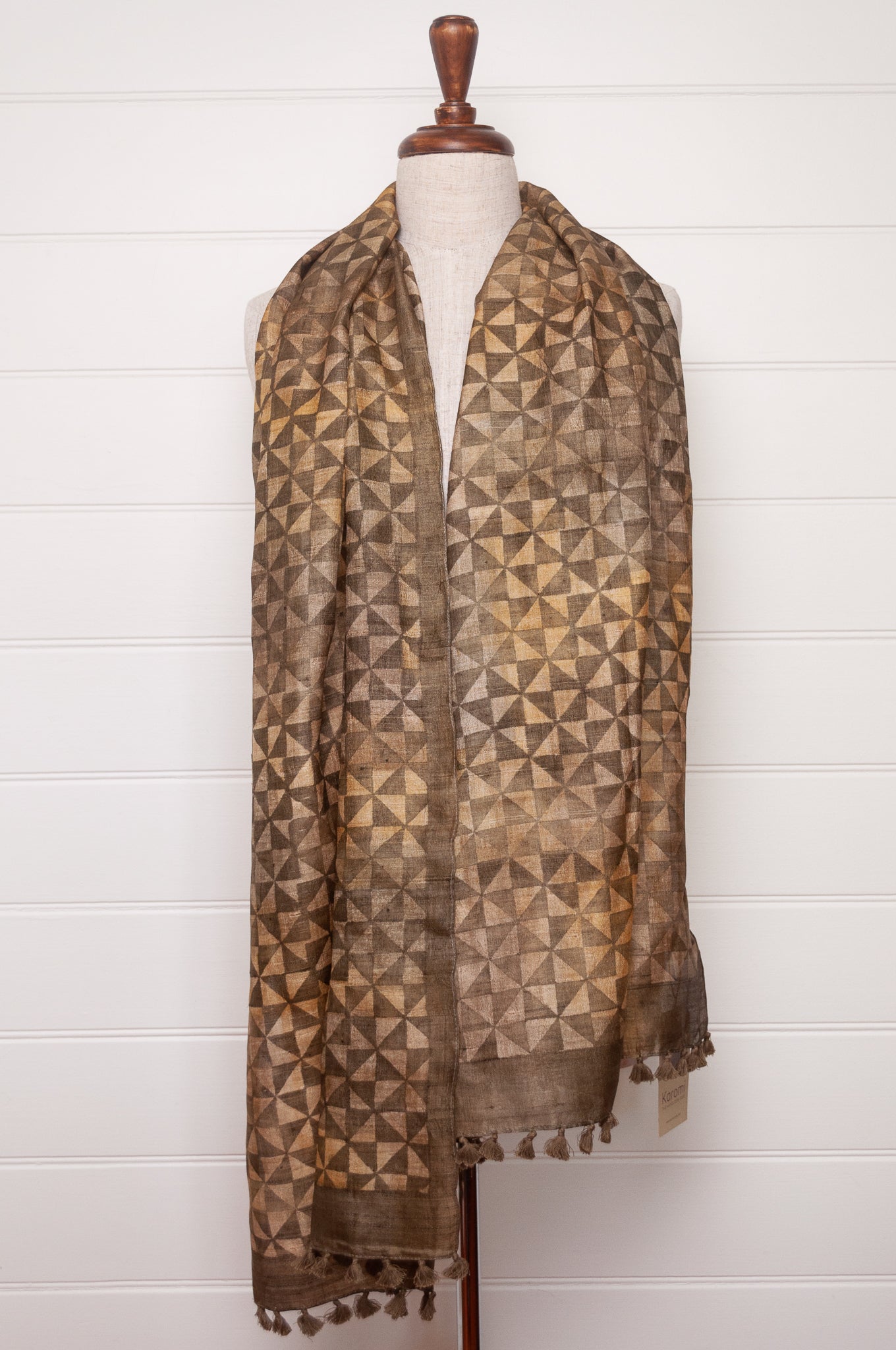 Karomi blockprint olive green pinwheel pattern pure handwoven silk scarf.