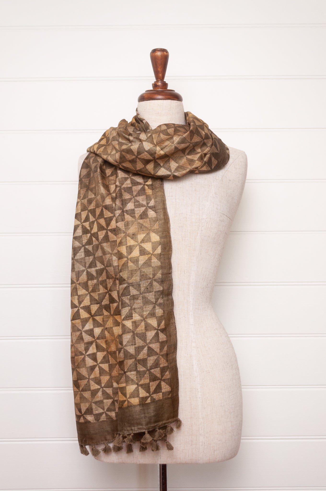 Karomi blockprint olive green pinwheel pattern pure handwoven silk scarf.