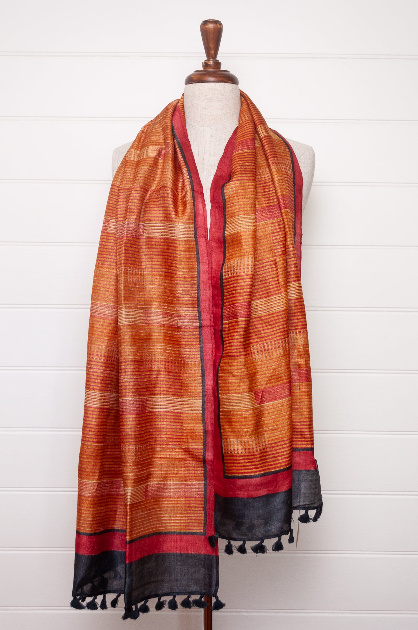Karomi blockprint amber stripe pattern pure handwoven silk scarf.