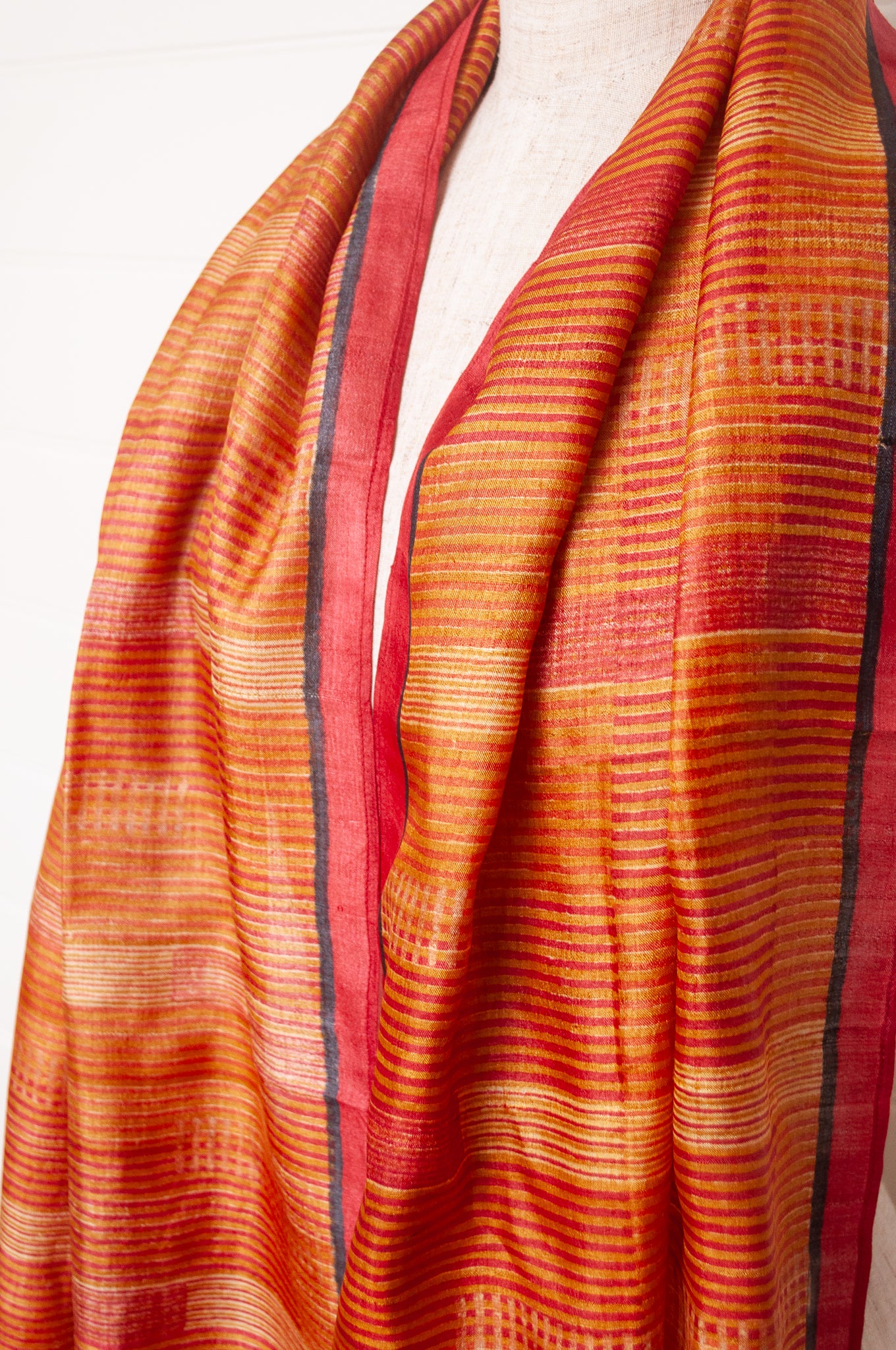 Karomi blockprint amber stripe pattern pure handwoven silk scarf.