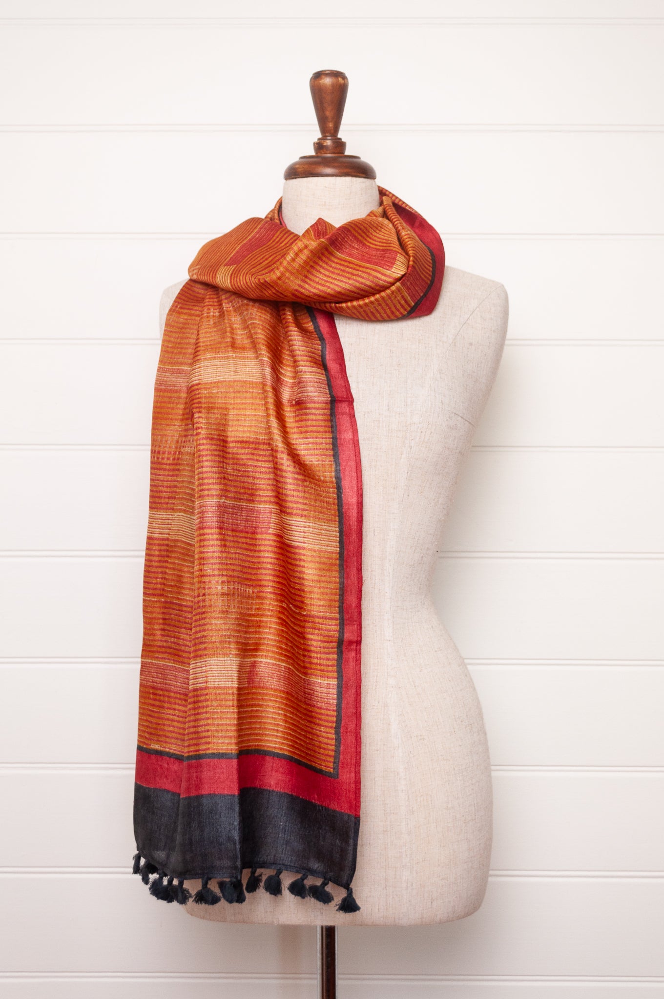 Karomi blockprint amber stripe pattern pure handwoven silk scarf.