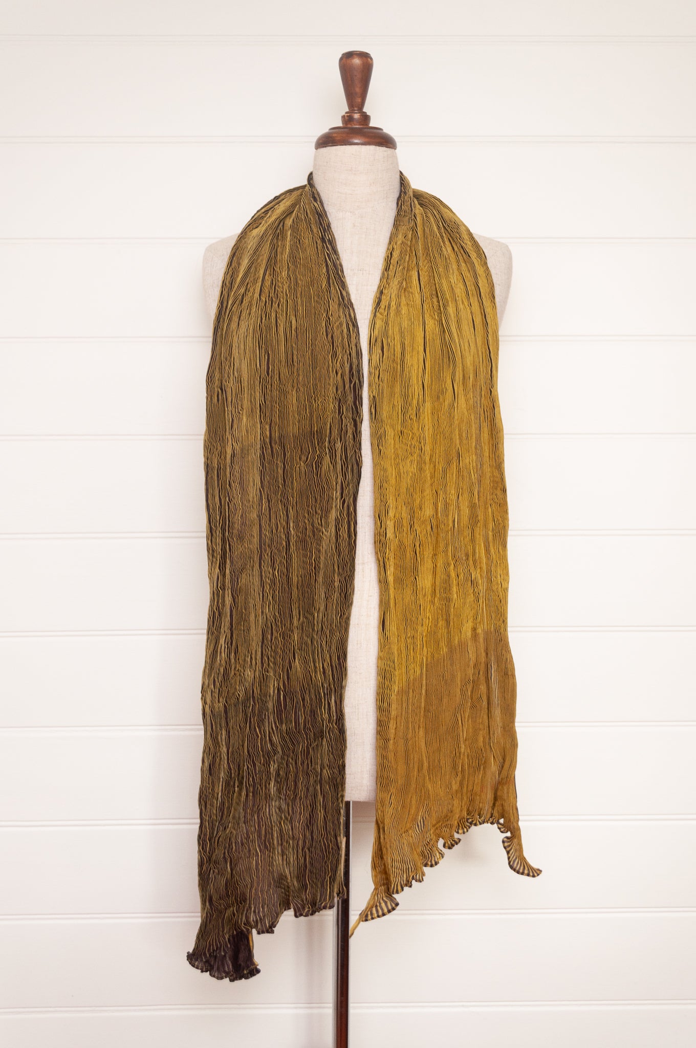 Neeru Kumar crinkle silk shibori scarf in chocolate brown and golden yellow.