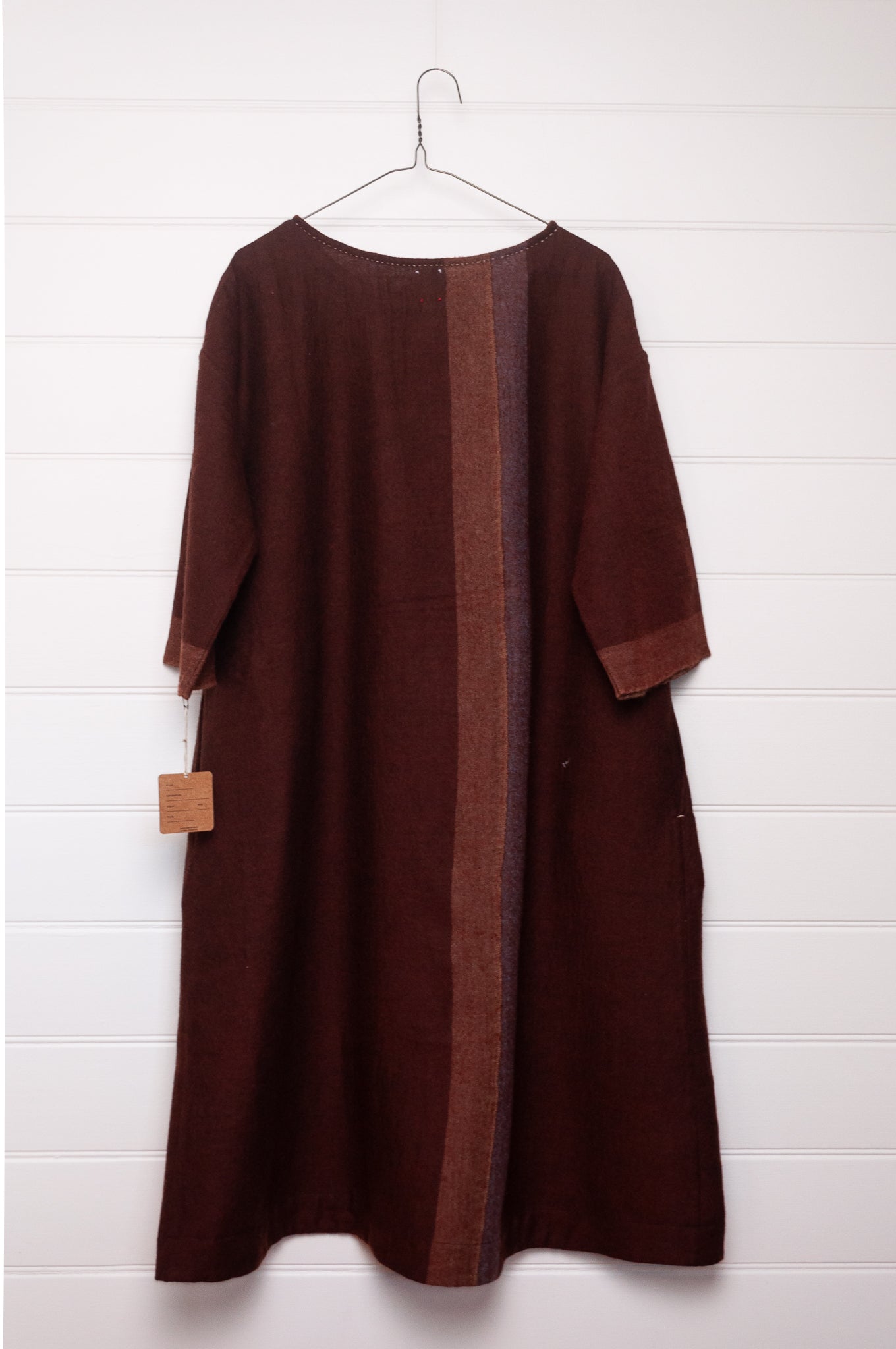 DVE wool Padma loose fitting three quarter sleeve dress in pinecone russet brown.