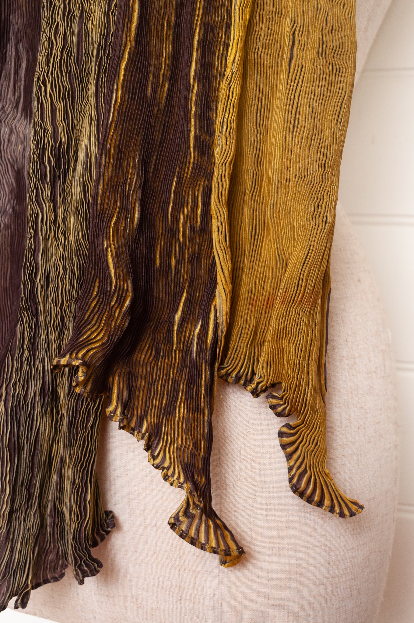 Neeru Kumar crinkle silk shibori scarf in chocolate brown and golden yellow.