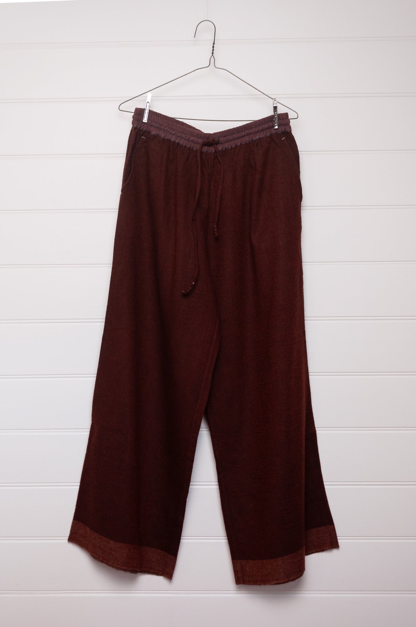 Dve Dityaa soft wool wide leg pants in pinecone russet brown.