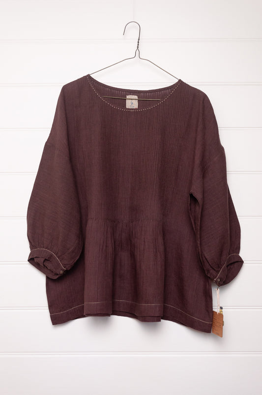 DVE Anisha pintucked top in chocolate brown linen hand stitched details.