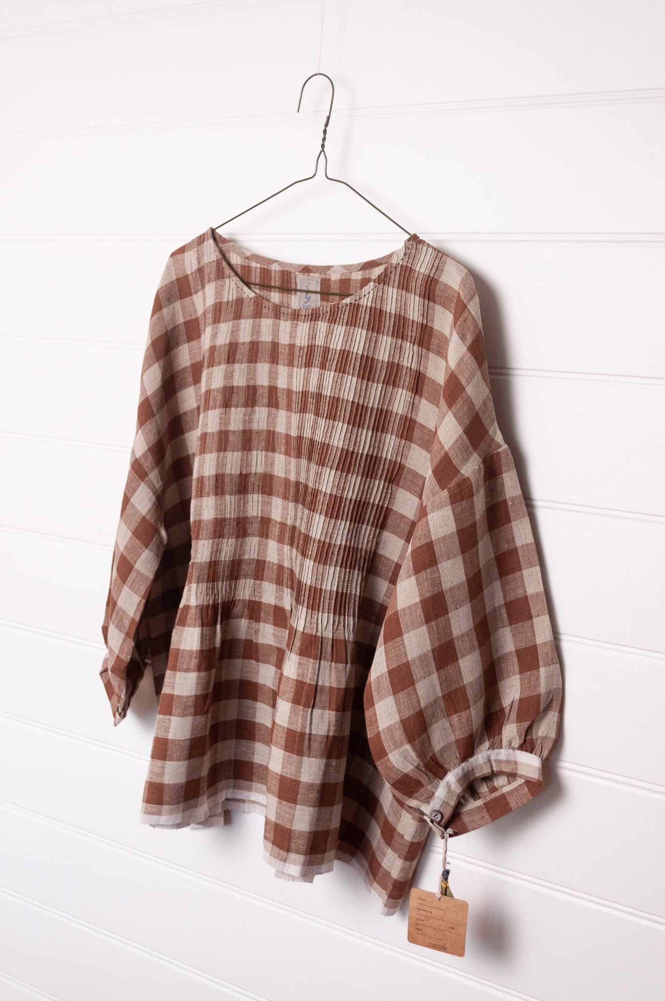 DVE Anisha pintucked top in French beige brown and white check linen hand stitched details.