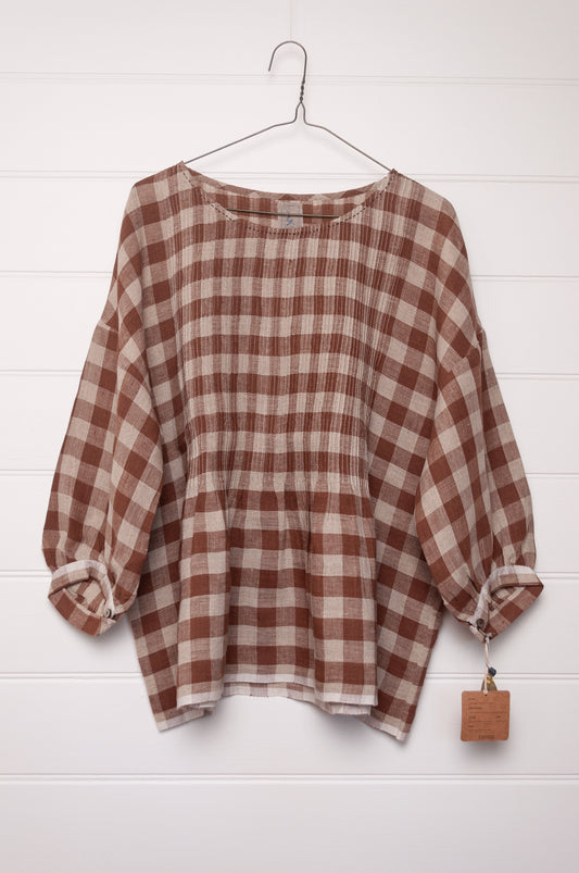 DVE Anisha pintucked top in French beige brown and white check linen hand stitched details.