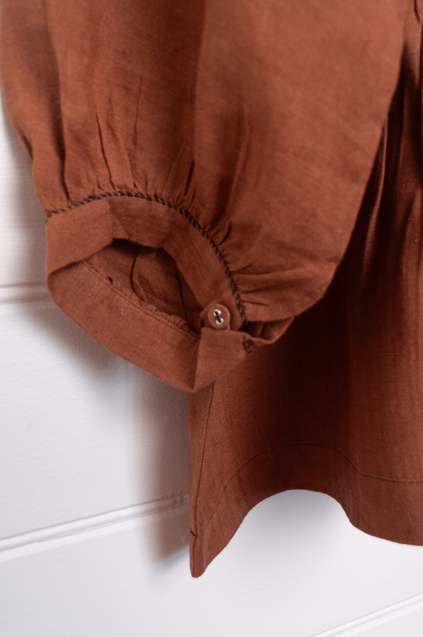 DVE Anisha pintucked top in French beige brown linen hand stitched details.