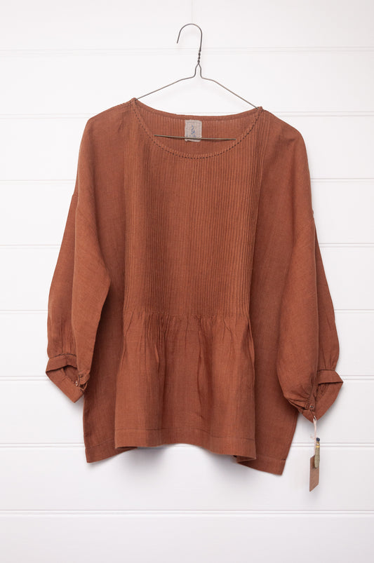 DVE Anisha pintucked top in French beige brown linen hand stitched details.