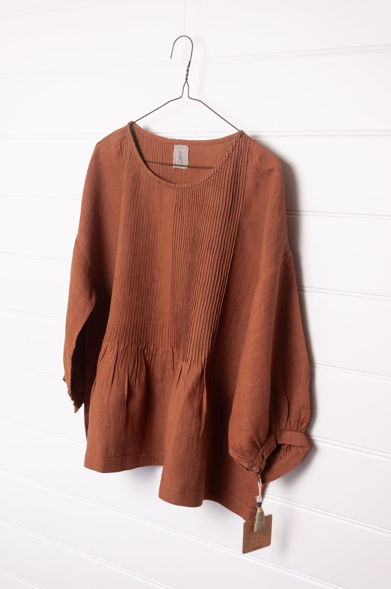 DVE Anisha pintucked top in French beige brown linen hand stitched details.