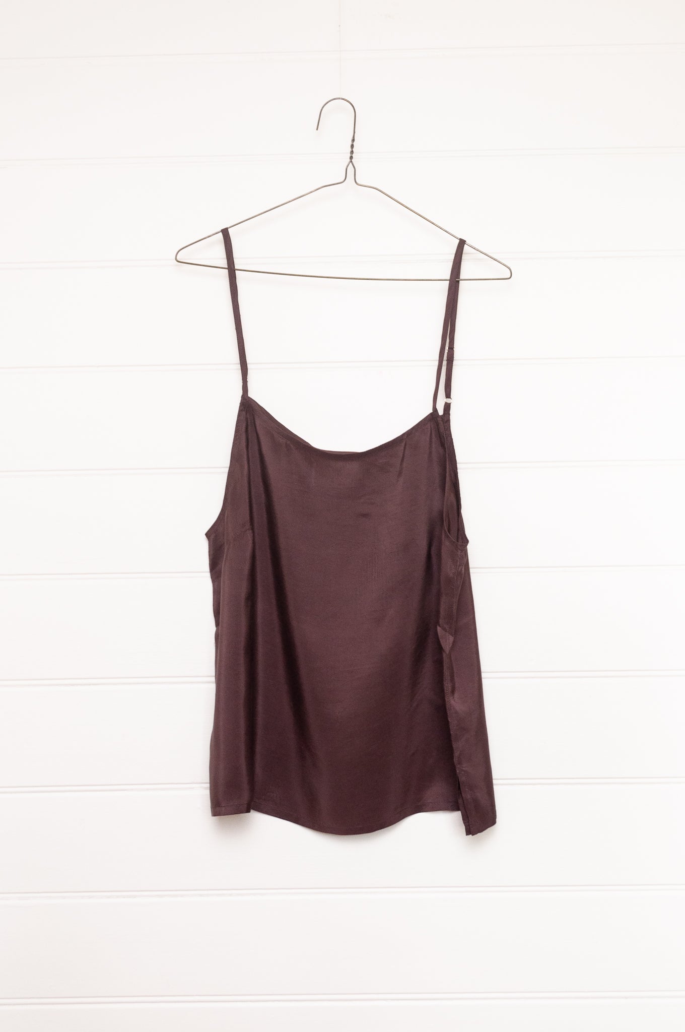 Manan cotton silk longline button up shirt in pewter grey with brown silk camisole.