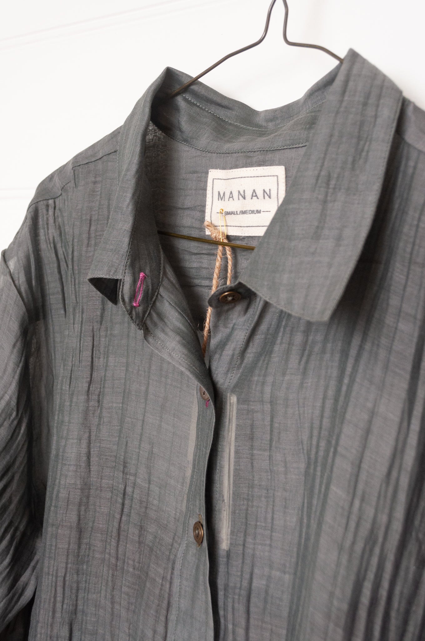 Manan cotton silk longline button up shirt in pewter grey with brown silk camisole.