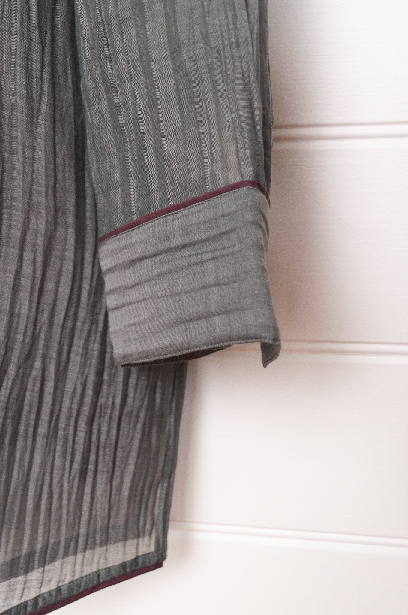 Manan cotton silk longline button up shirt in pewter grey with brown silk camisole.