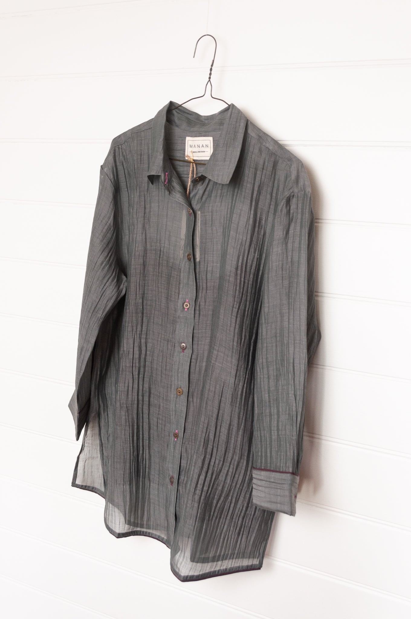 Manan cotton silk longline button up shirt in pewter grey with brown silk camisole.