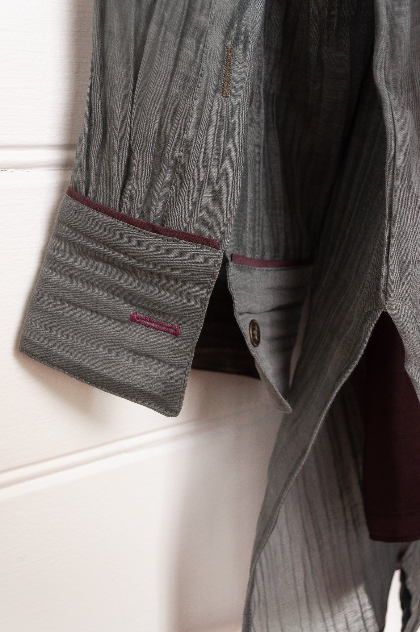Manan cotton silk longline button up shirt in pewter grey with brown silk camisole.