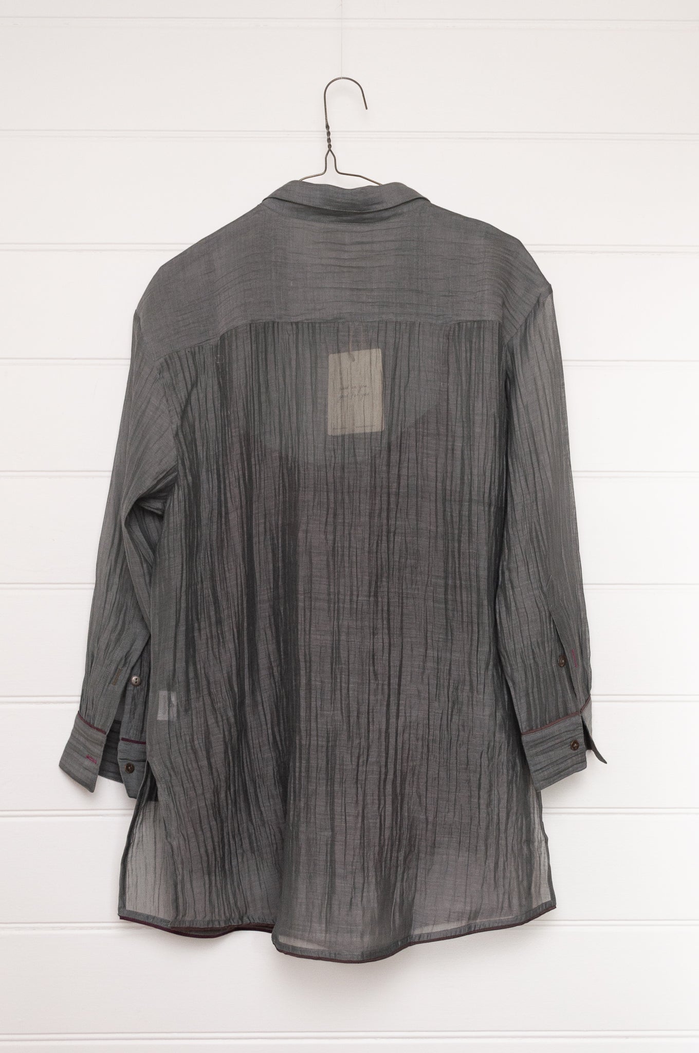 Manan cotton silk longline button up shirt in pewter grey with brown silk camisole.