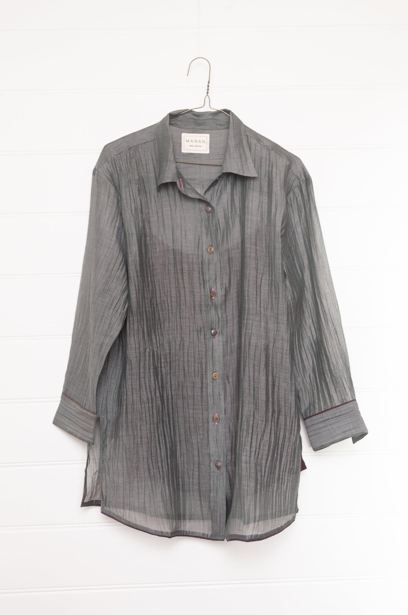 Manan cotton silk longline button up shirt in pewter grey with brown silk camisole.
