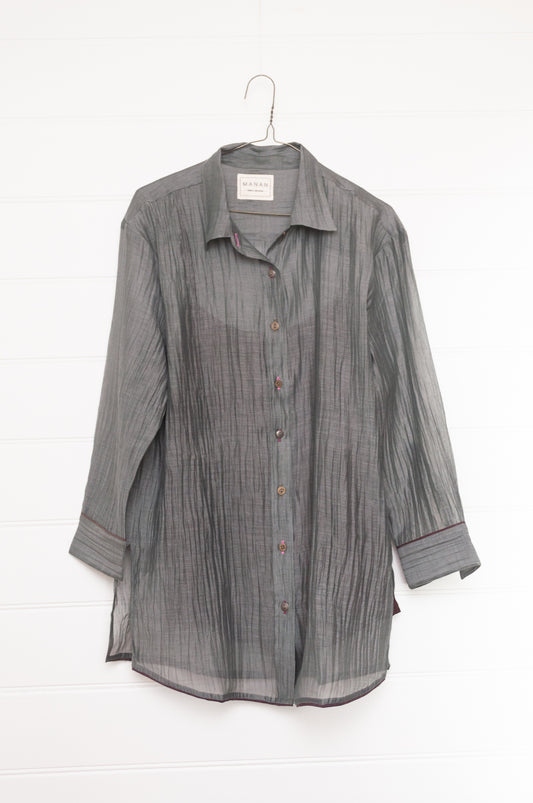 Manan cotton silk longline button up shirt in pewter grey with brown silk camisole.
