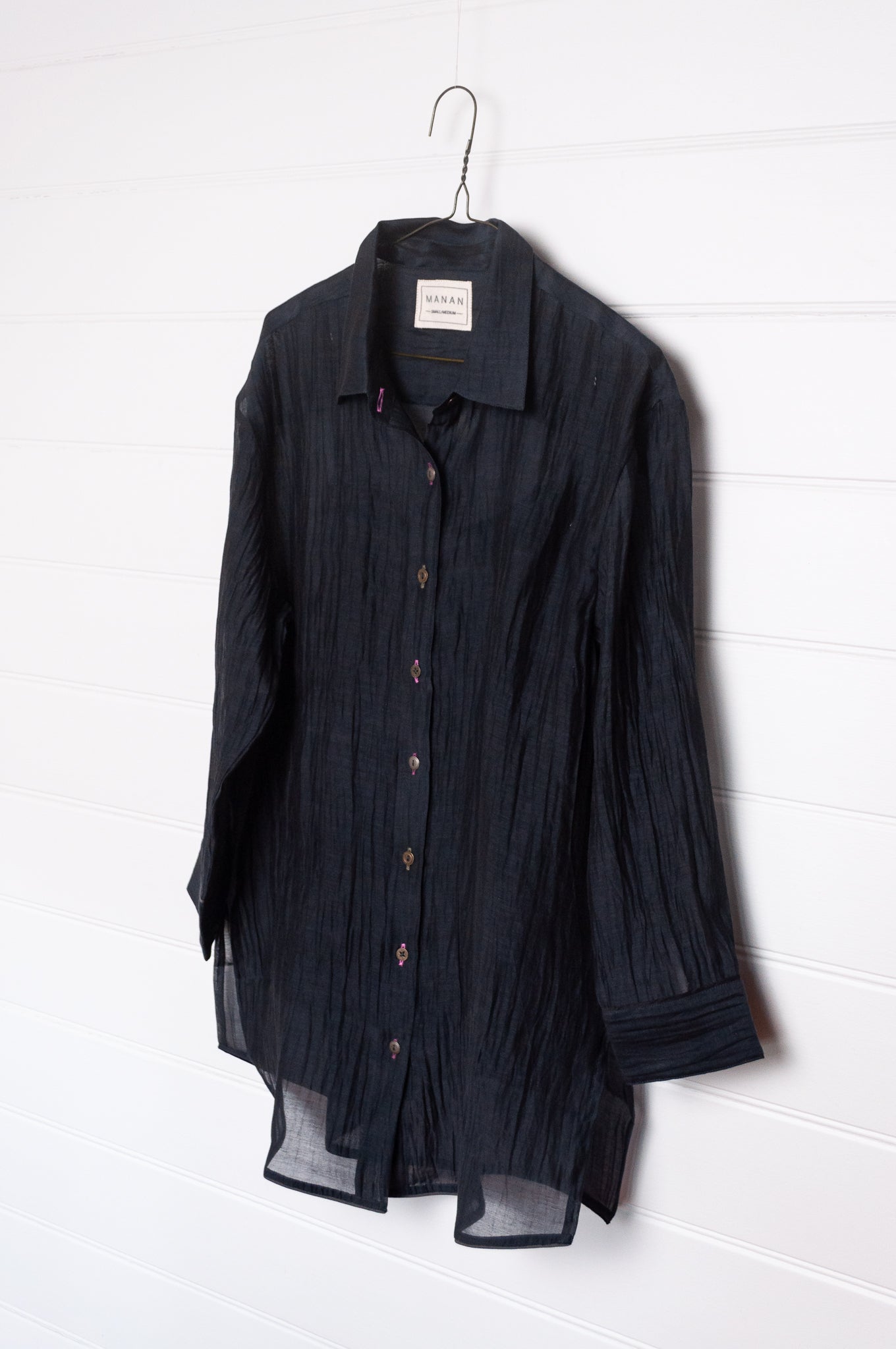 Manan fine cotton silk button up longline shirtwith matching silk camisole.