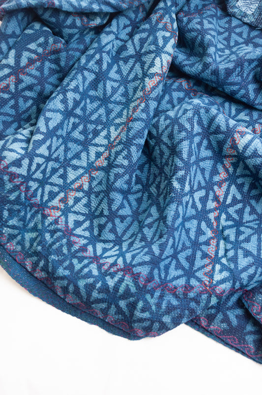 VIntage overdyed kantha quilt mud resist indigo print.