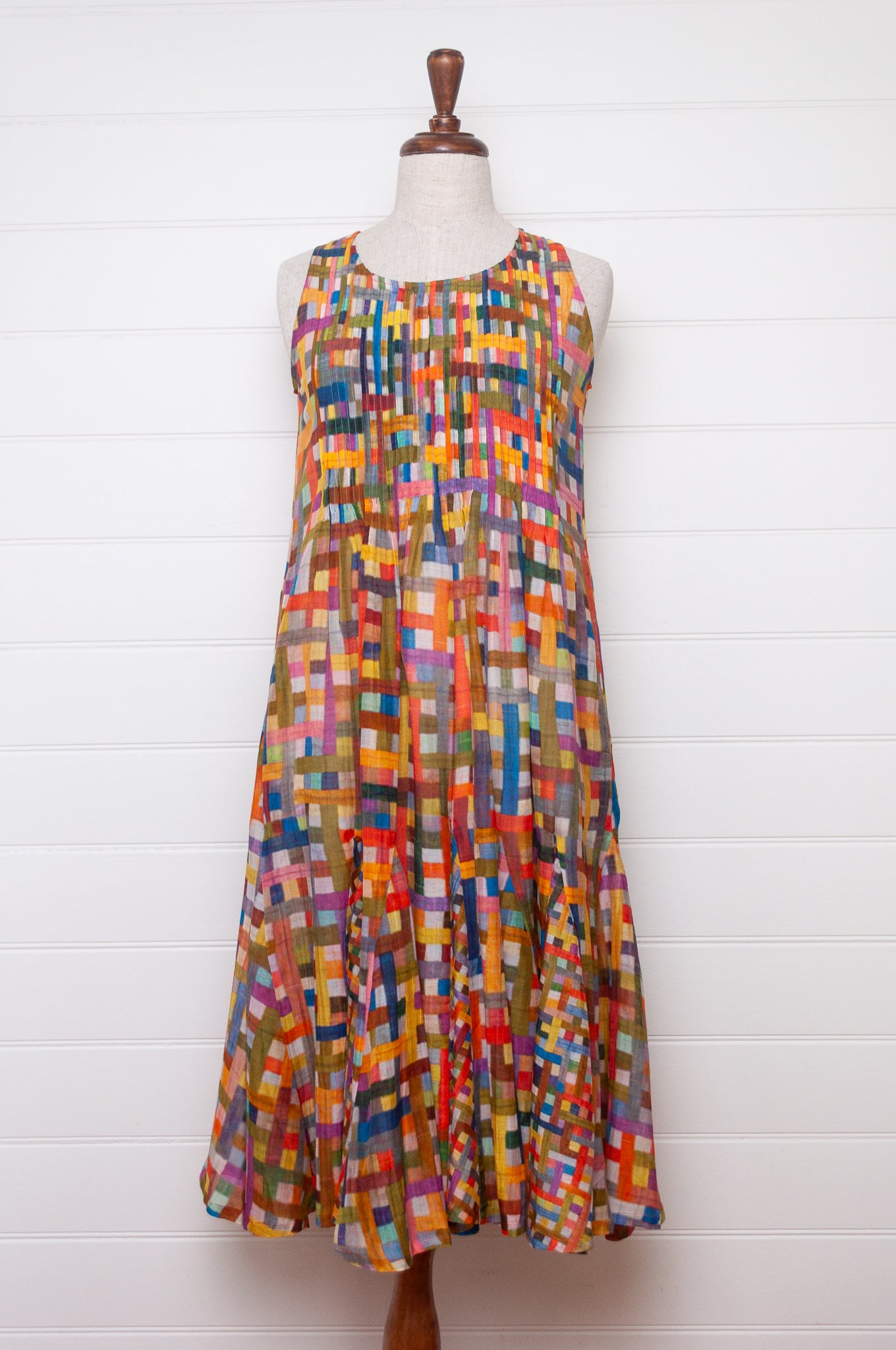 Neeru Kumar cotton silk multi-colour check pintucked sundress.