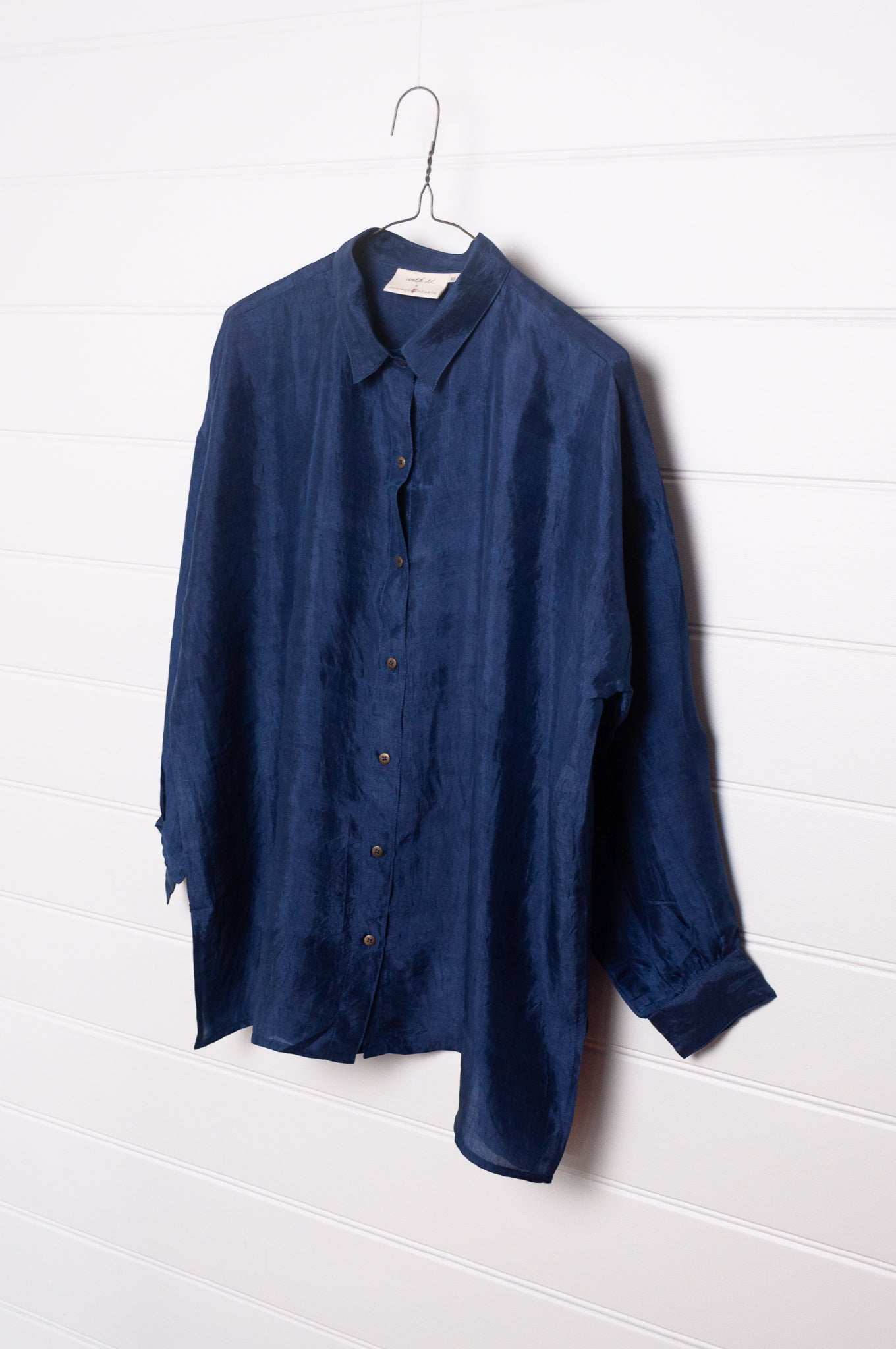 Studio Within x Juniper Hearth oversized pure silk button up long sleeved shirt in black.
