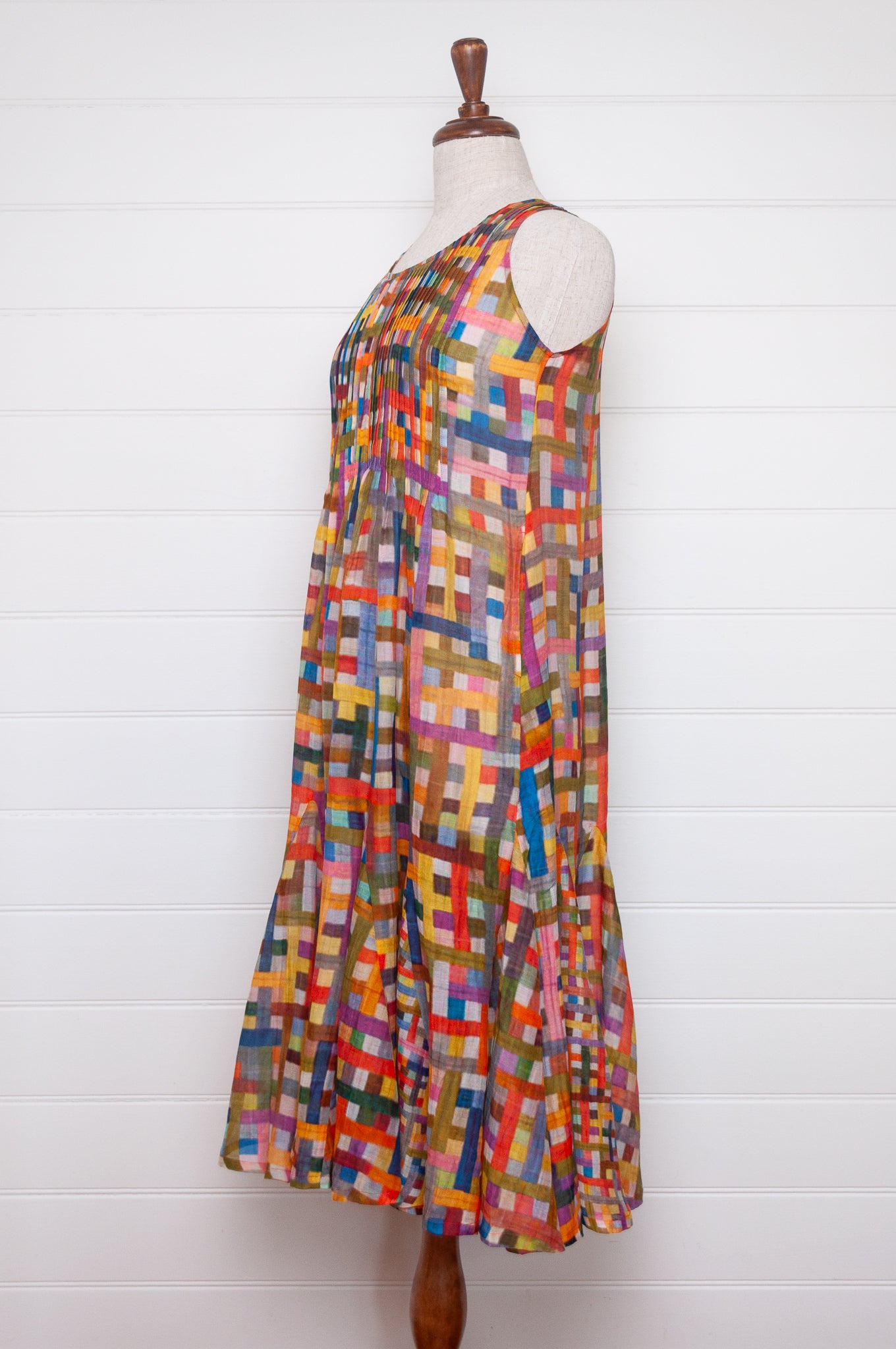 Neeru Kumar cotton silk multi-colour check pintucked sundress.