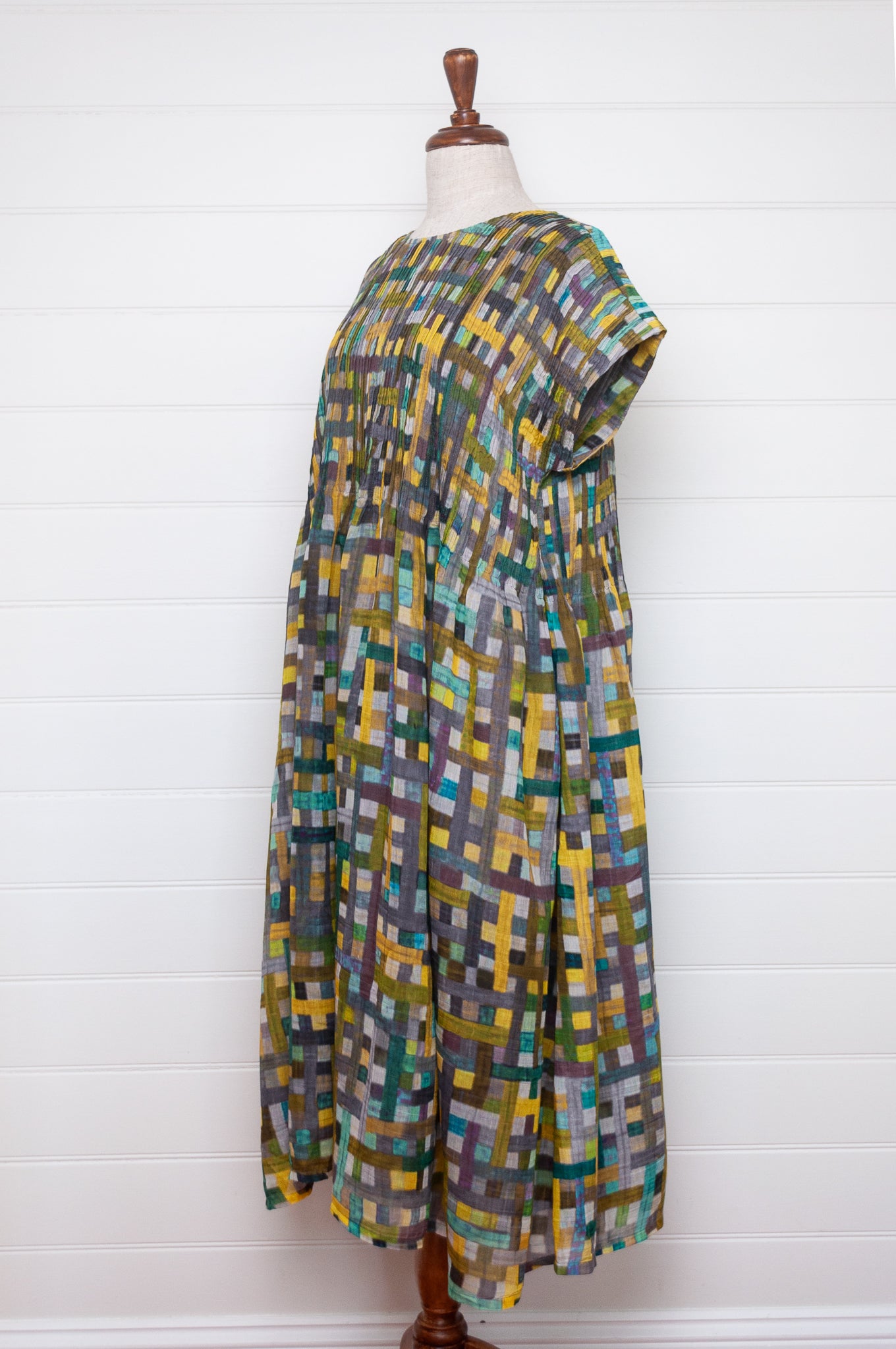 Neeru Kumar cotton silk pintucked short sleeved dress in multi check design.