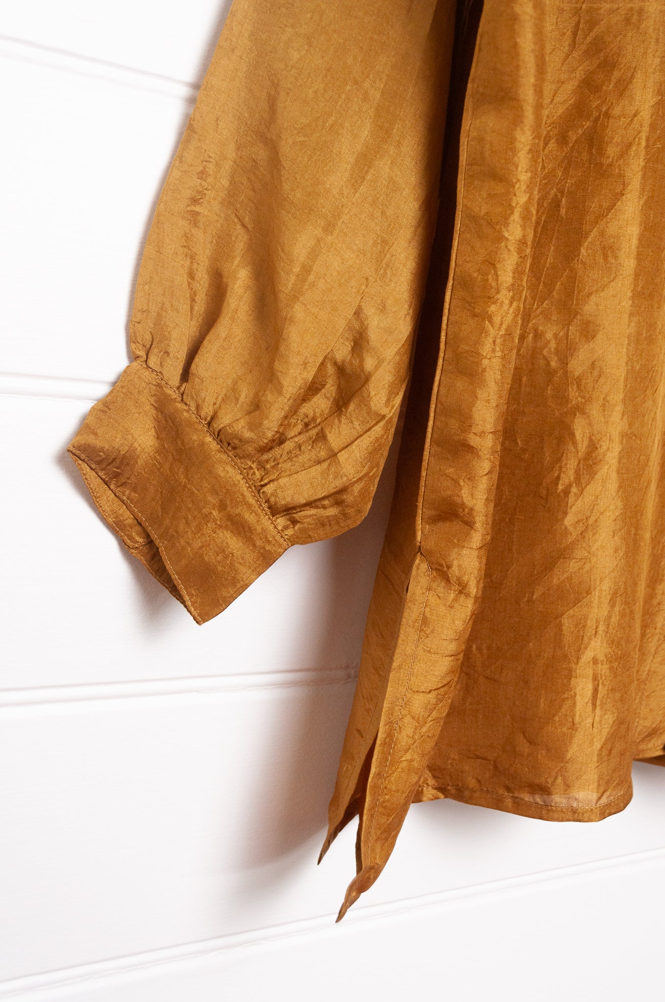 Studio Within x Juniper Hearth oversized pure silk button up long sleeved shirt in mustard deep gold.