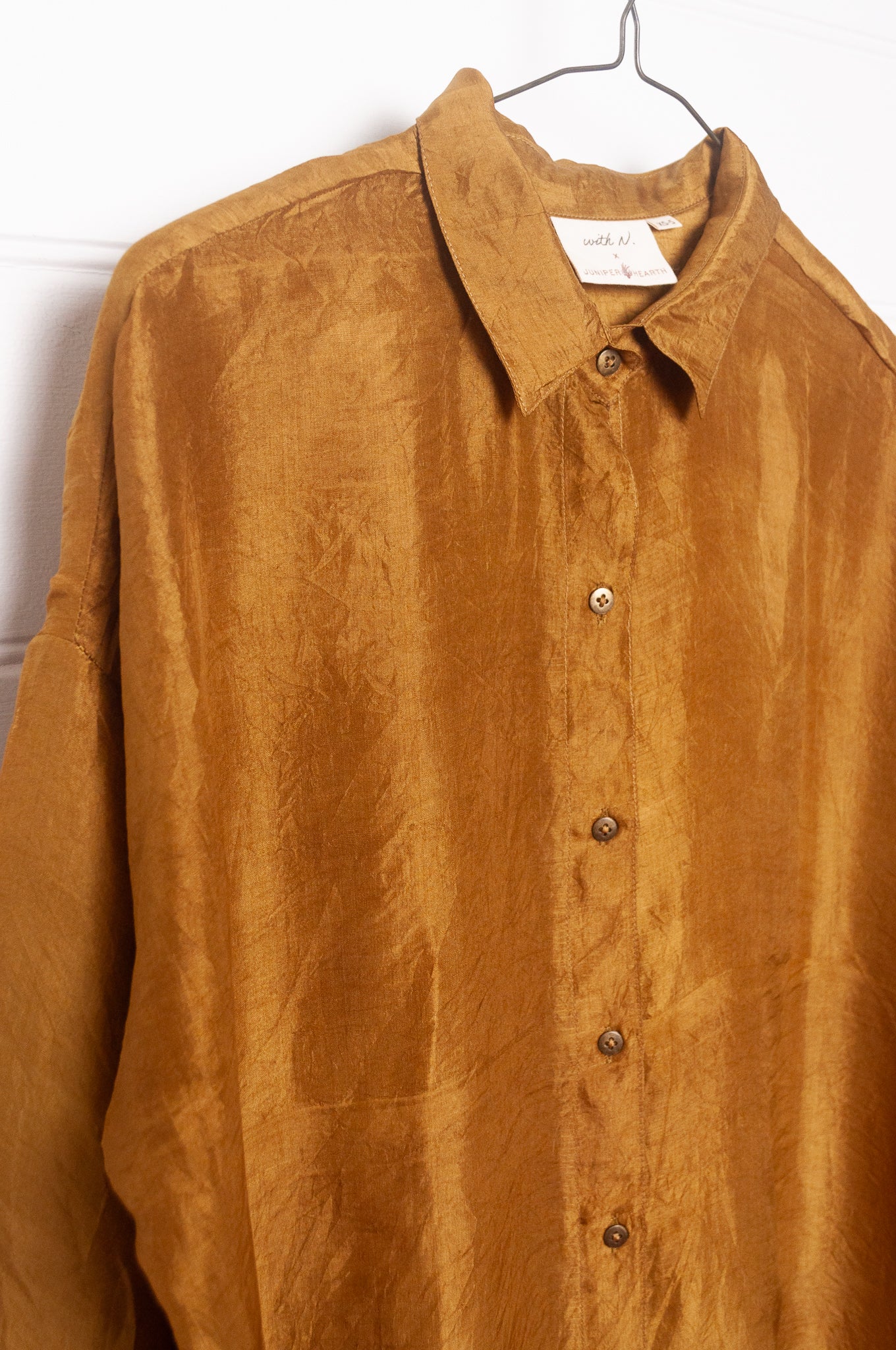 Studio Within x Juniper Hearth oversized pure silk button up long sleeved shirt in mustard deep gold.