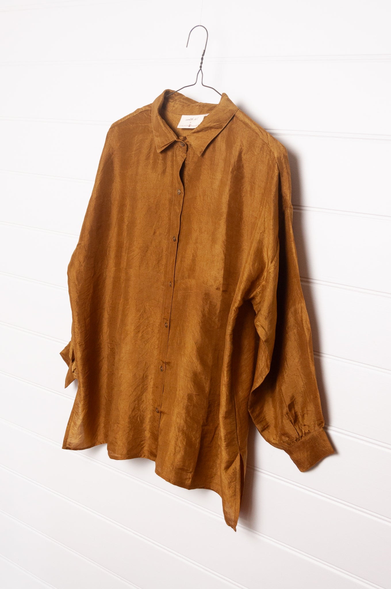 Studio Within x Juniper Hearth oversized pure silk button up long sleeved shirt in mustard deep gold.