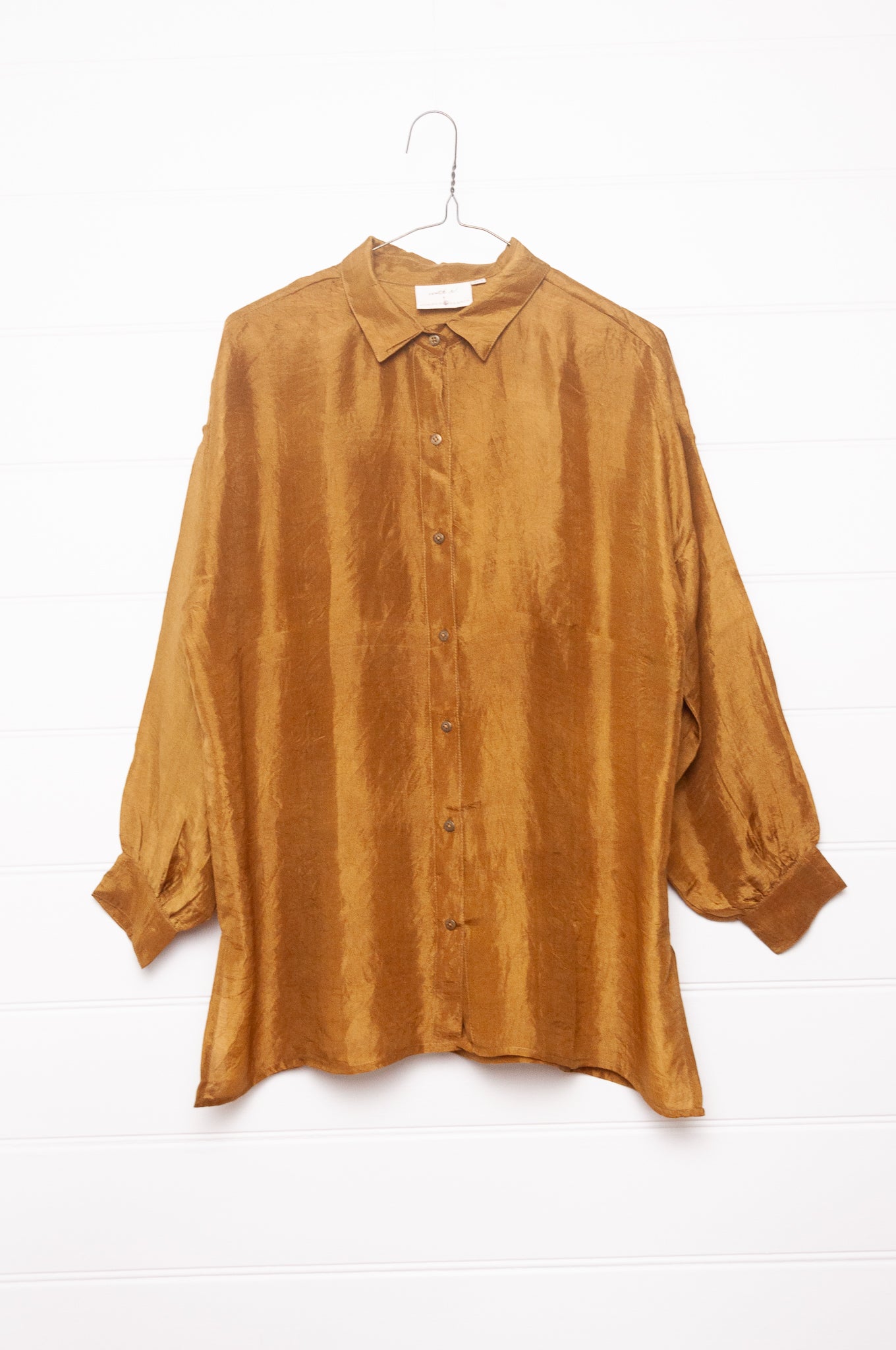 Studio Within x Juniper Hearth oversized pure silk button up long sleeved shirt in mustard deep gold.