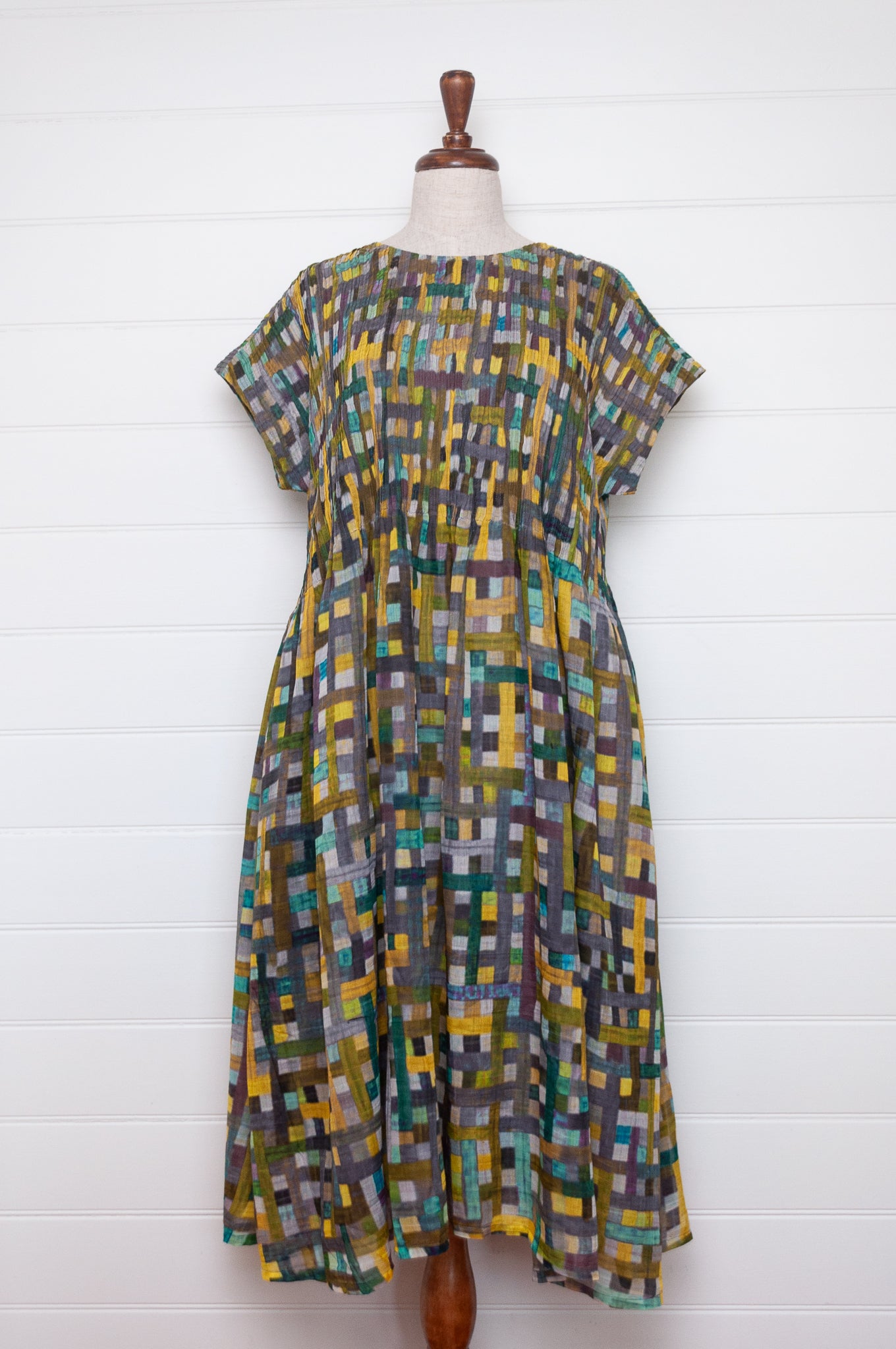 Neeru Kumar cotton silk pintucked short sleeved dress in multi check design.