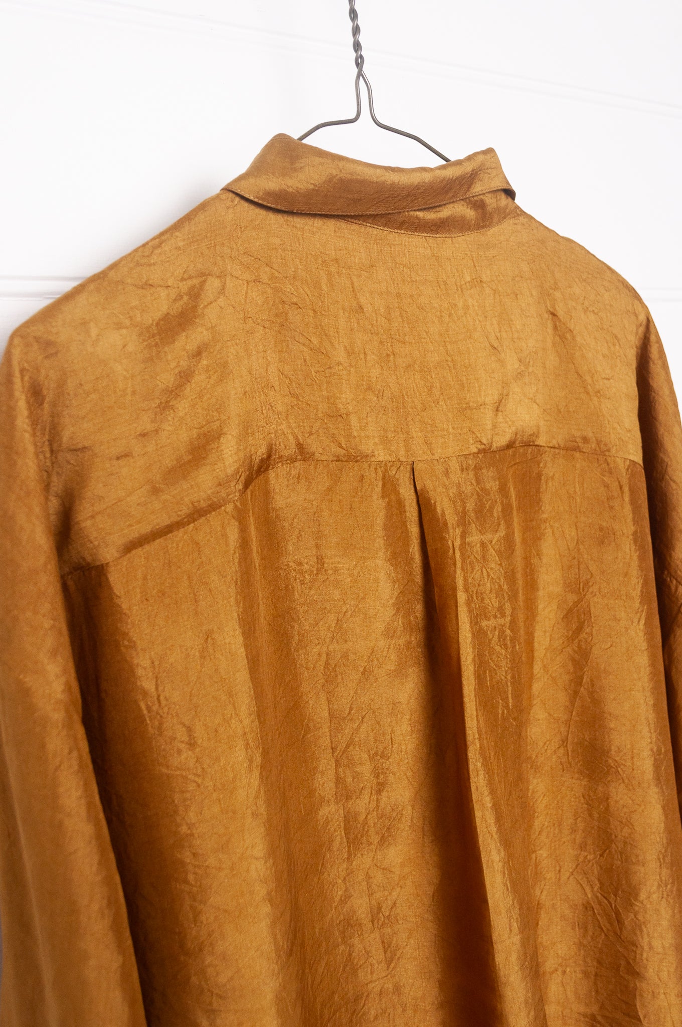 Studio Within x Juniper Hearth oversized pure silk button up long sleeved shirt in mustard deep gold.