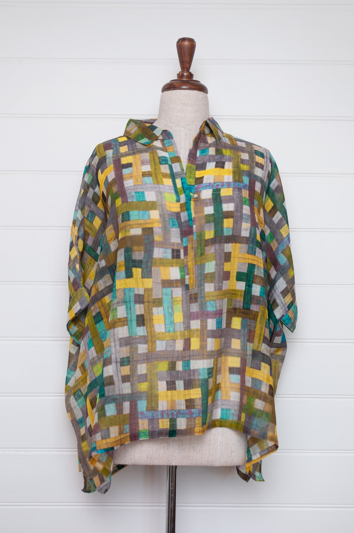 Neeru Kumar fine cotton silk loose fitting blouse shirt in multi coloured check.