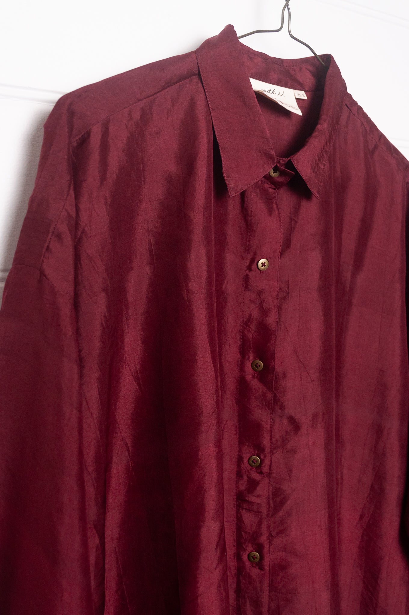 Studio Within x Juniper Hearth oversized pure silk button up long sleeved shirt in oxblood deep red.