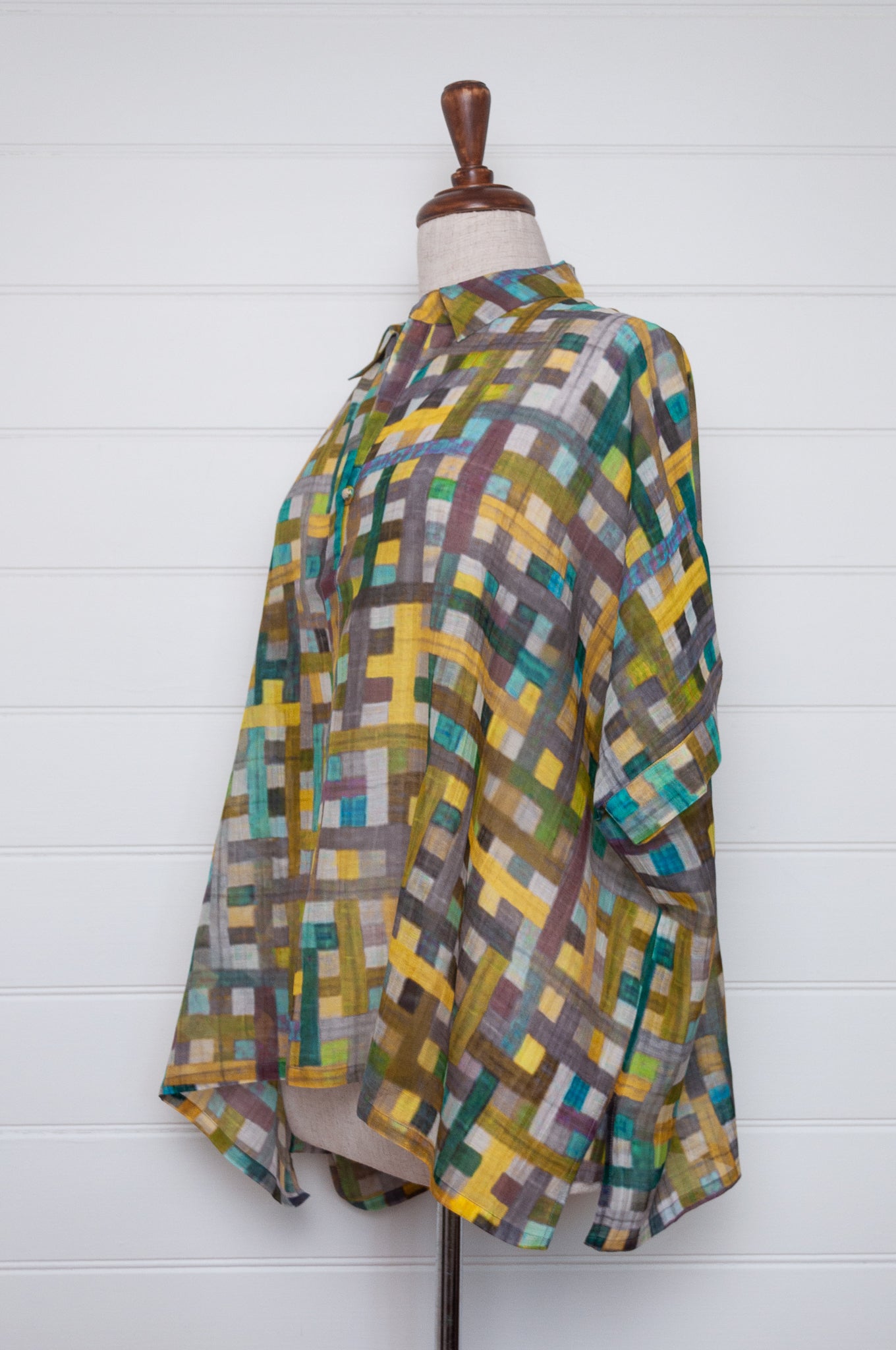 Neeru Kumar fine cotton silk loose fitting blouse shirt in multi coloured check.