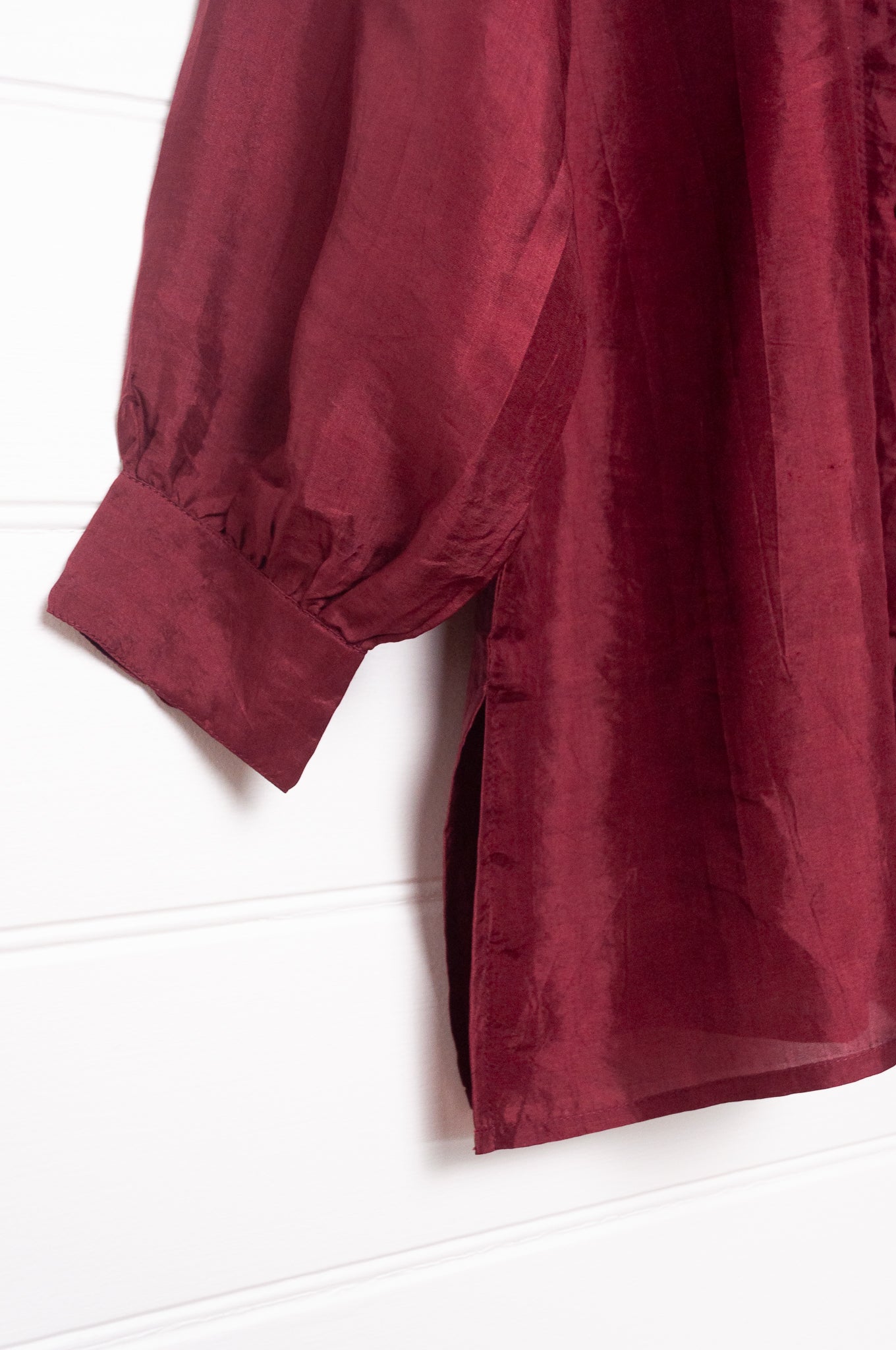Studio Within x Juniper Hearth oversized pure silk button up long sleeved shirt in oxblood deep red.