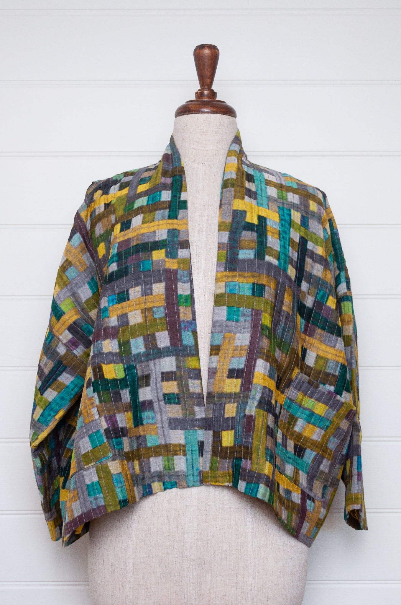 Neeru Kumar multi-coloured check cotton silk quilted kimono jacket.