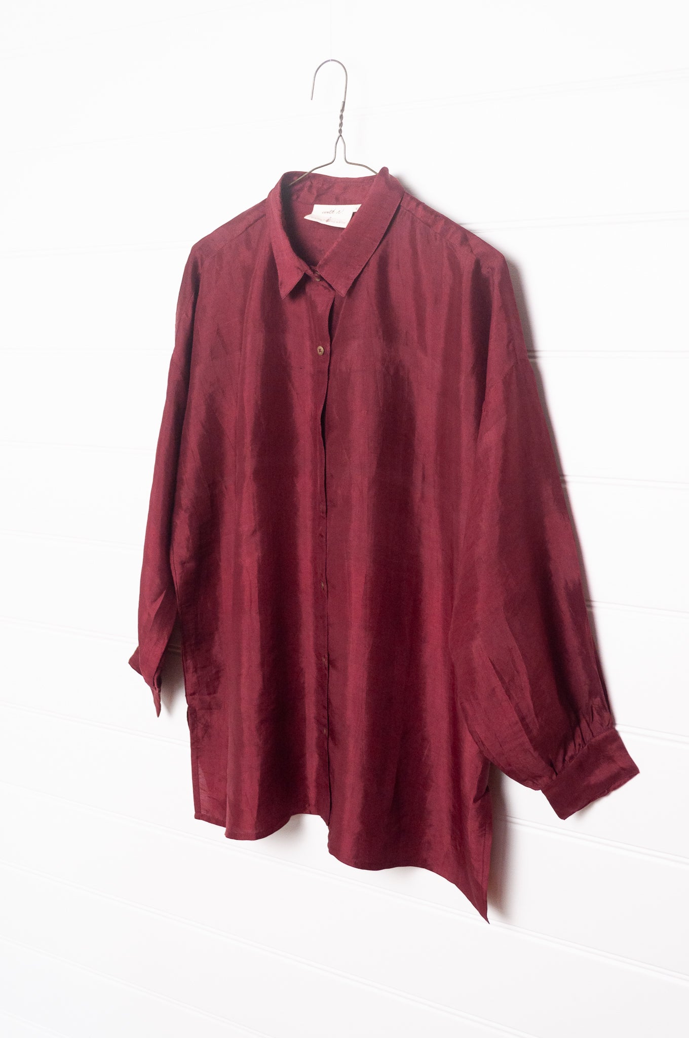 Studio Within x Juniper Hearth oversized pure silk button up long sleeved shirt in oxblood deep red.