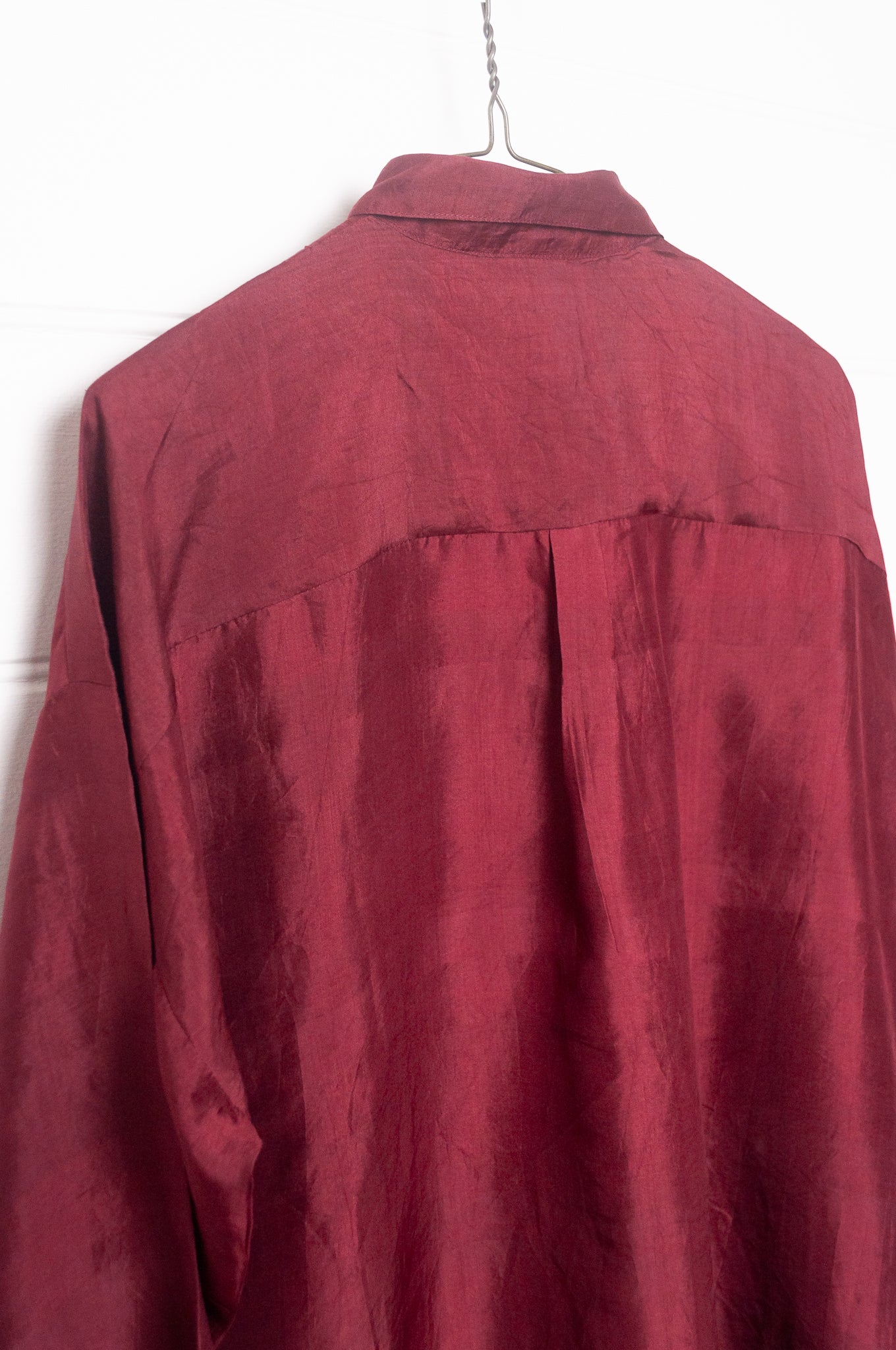 Studio Within x Juniper Hearth oversized pure silk button up long sleeved shirt in oxblood deep red.