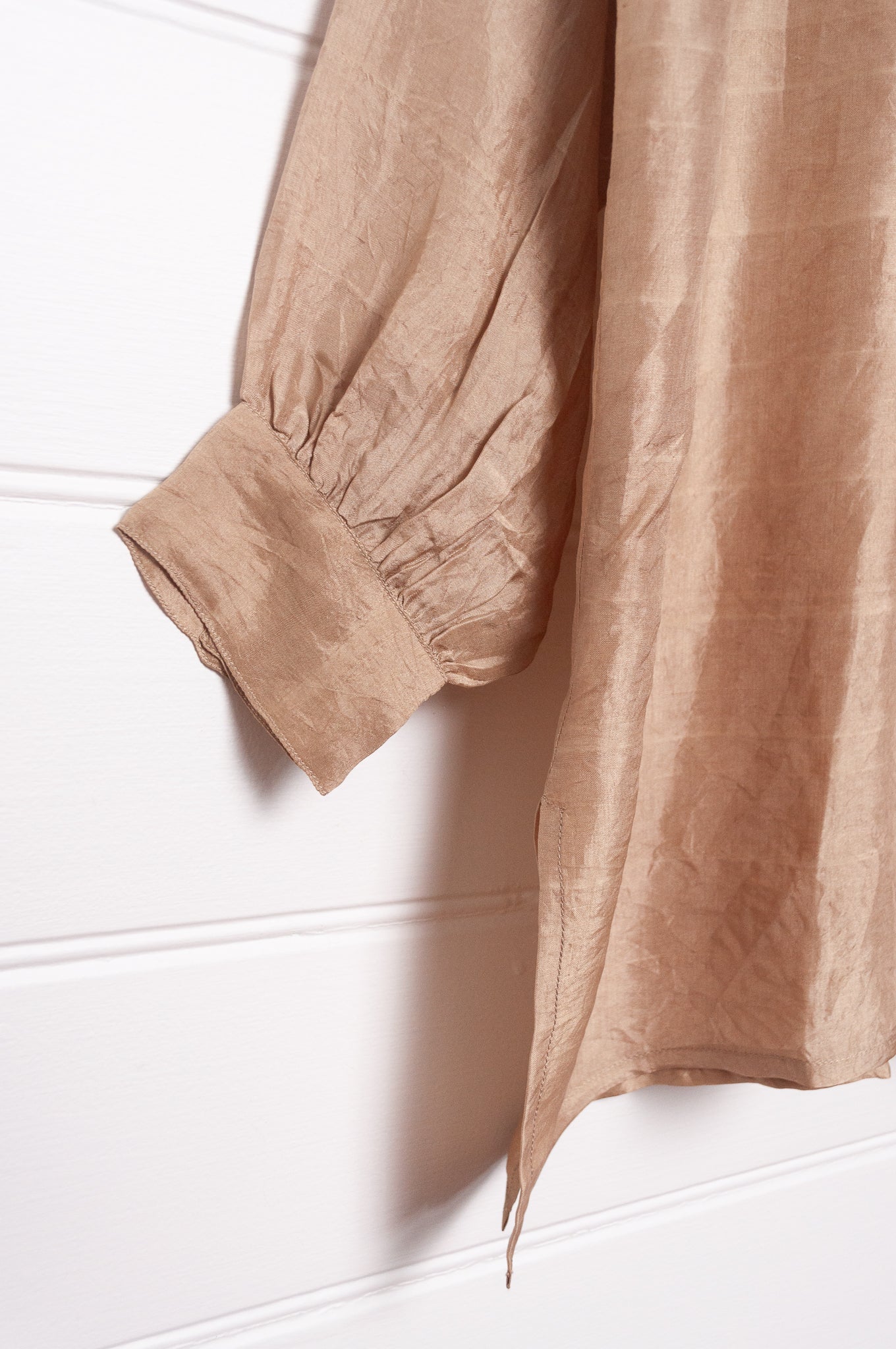 Studio Within x Juniper Hearth oversized pure silk button up long sleeved shirt in oatmeal beige.