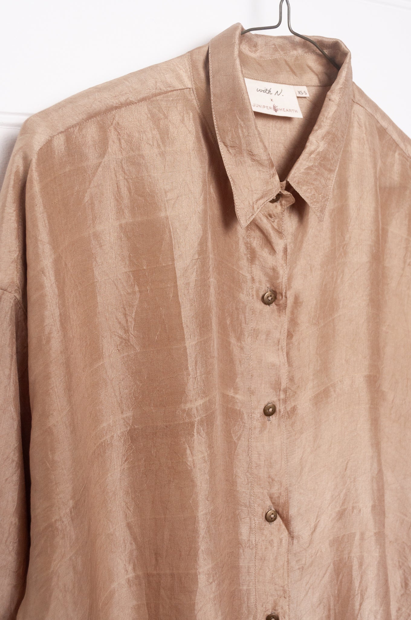 Studio Within x Juniper Hearth oversized pure silk button up long sleeved shirt in oatmeal beige.