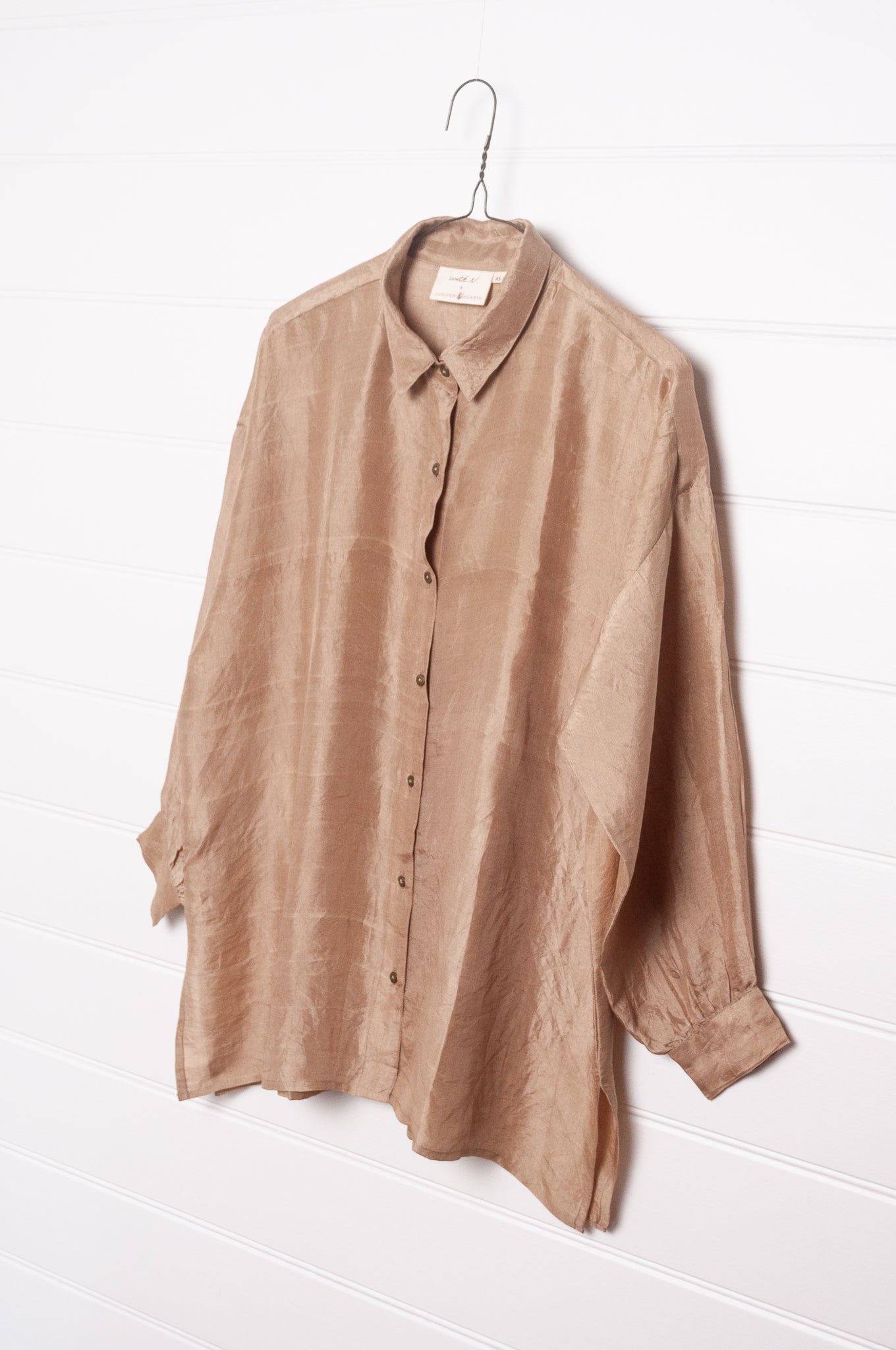 Studio Within x Juniper Hearth oversized pure silk button up long sleeved shirt in oatmeal beige.
